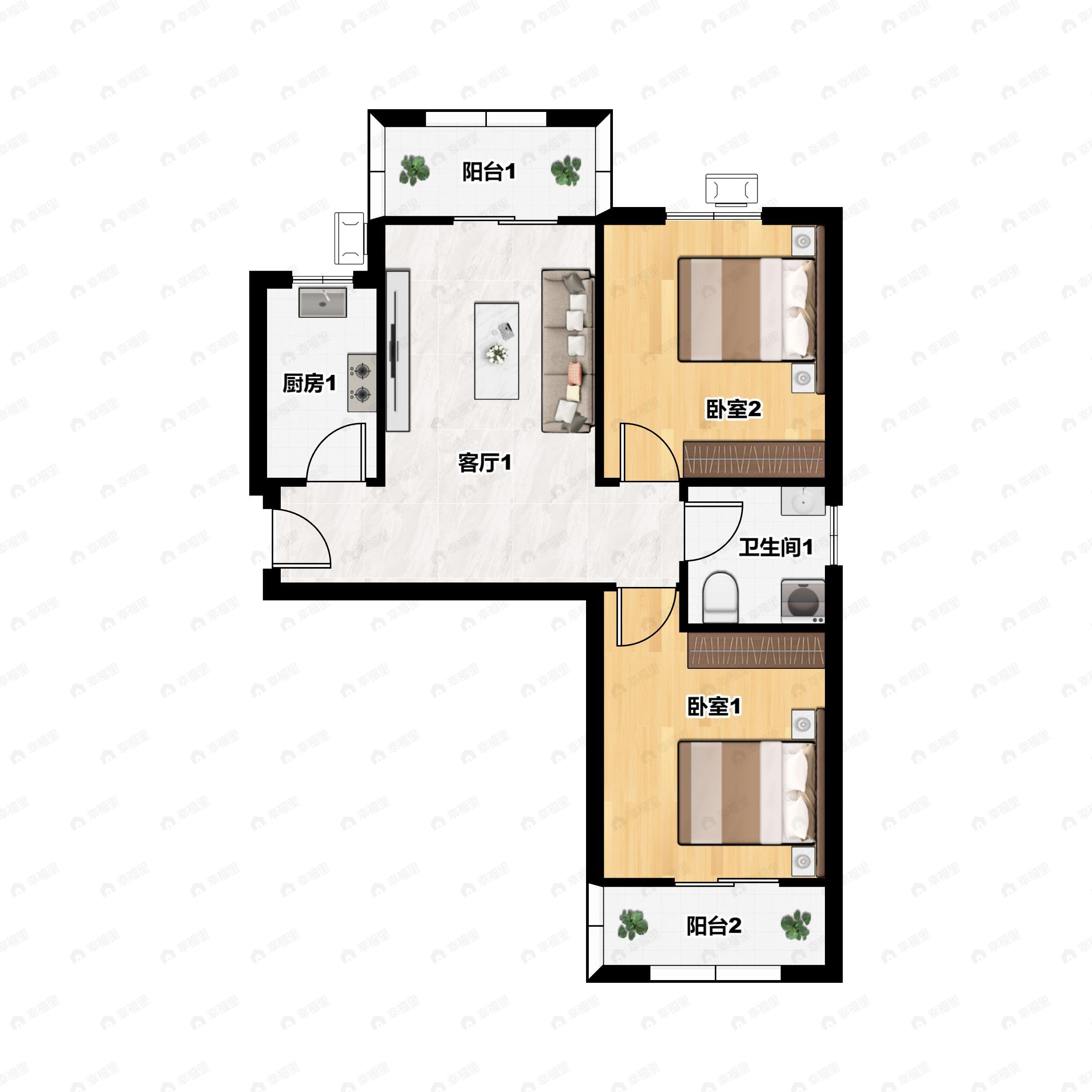 2室1厅1卫建面90m²南户型图