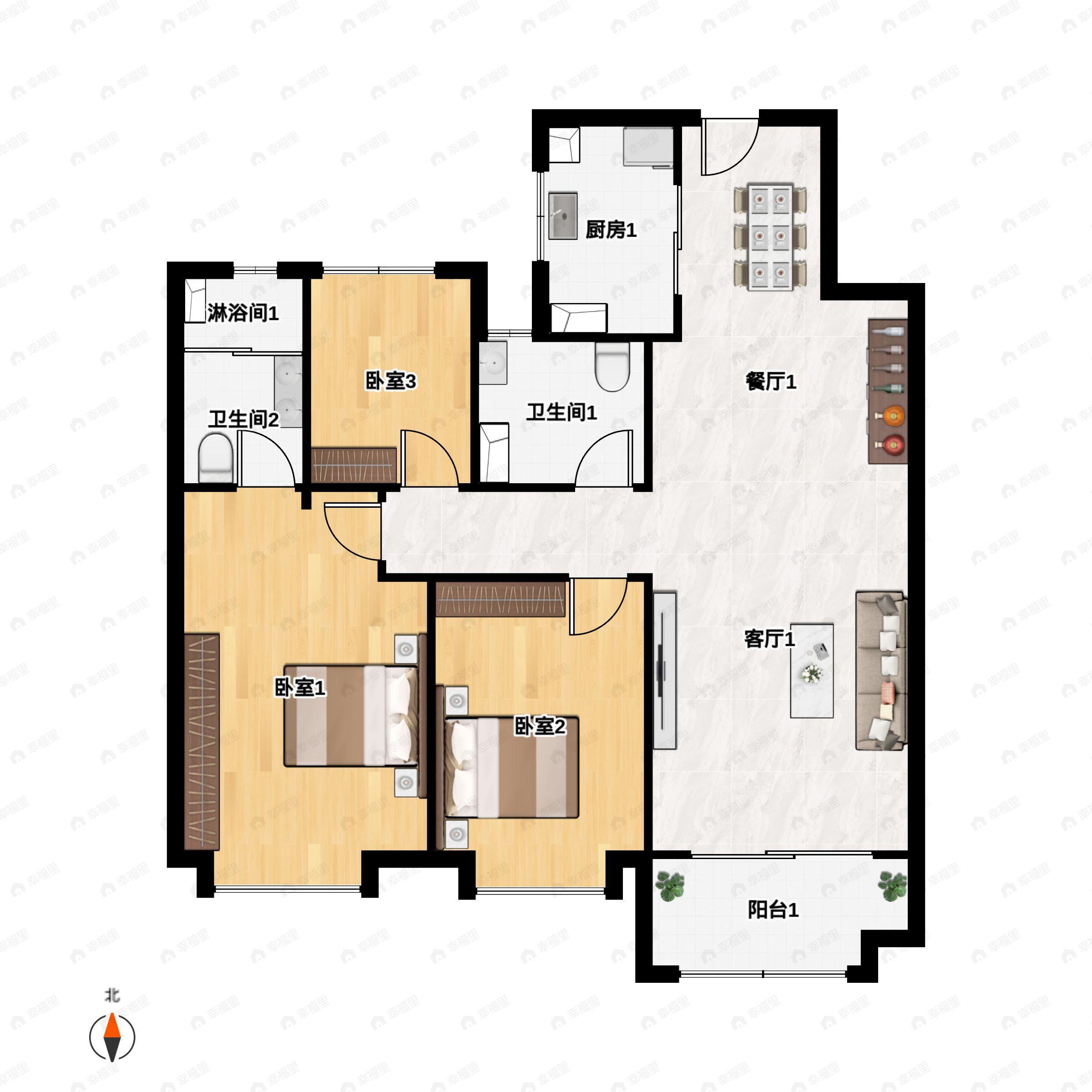 3室2厅2卫建面111平南|北户型图