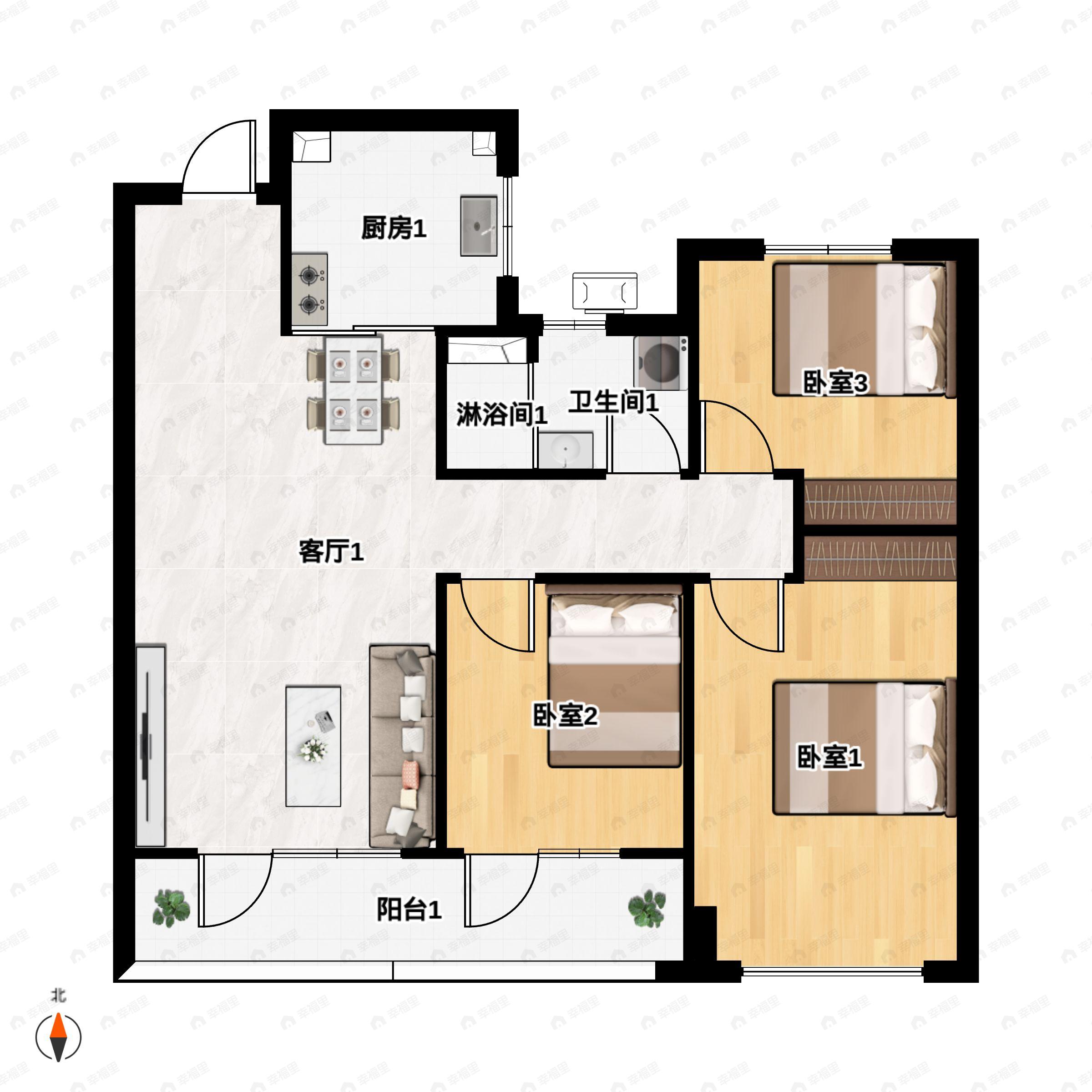 3室2厅2卫建面110平南户型图