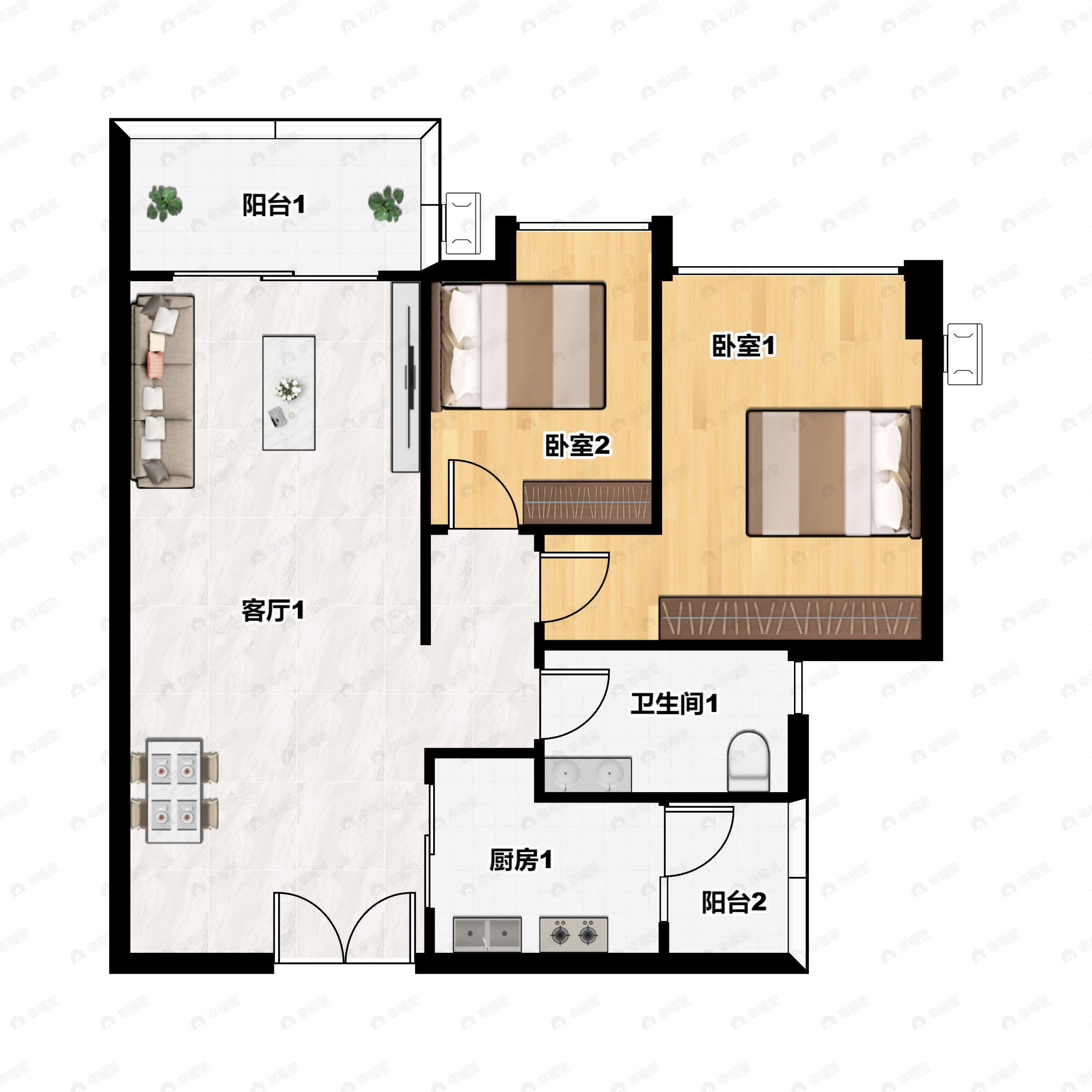 2室2厅1卫建面82m²北户型图