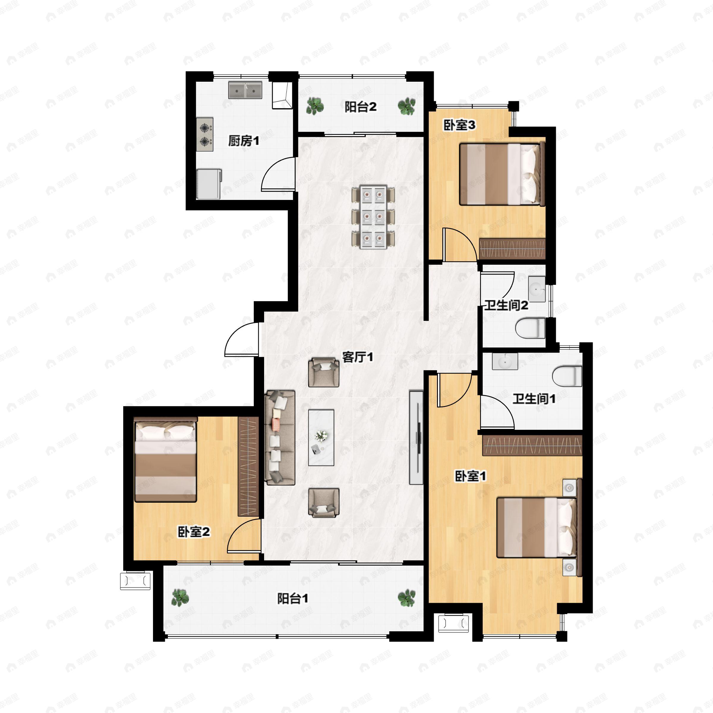 3室2厅2卫建面110平南户型图