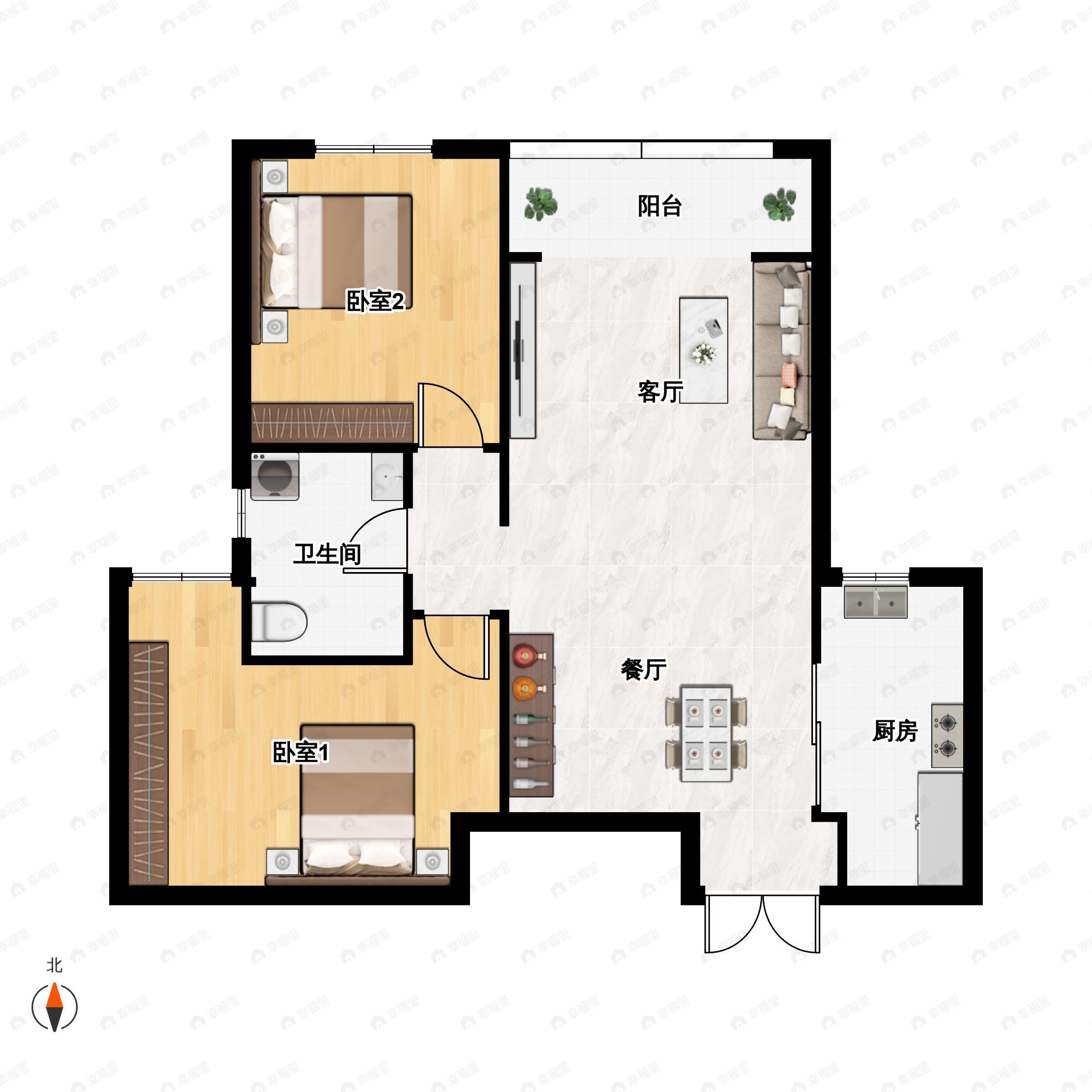 2室2厅1卫建面90m²南|北户型图