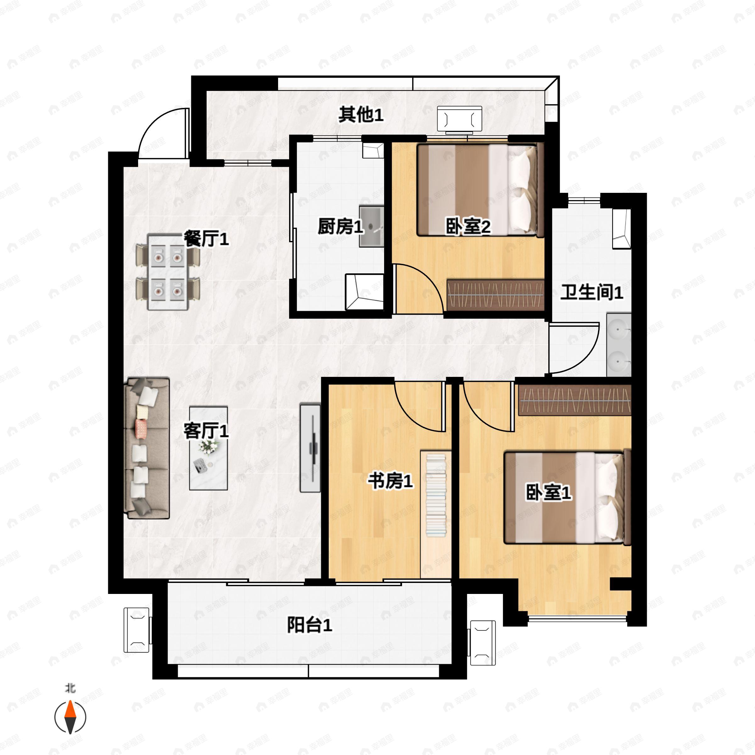 3室2厅1卫建面106平户型图
