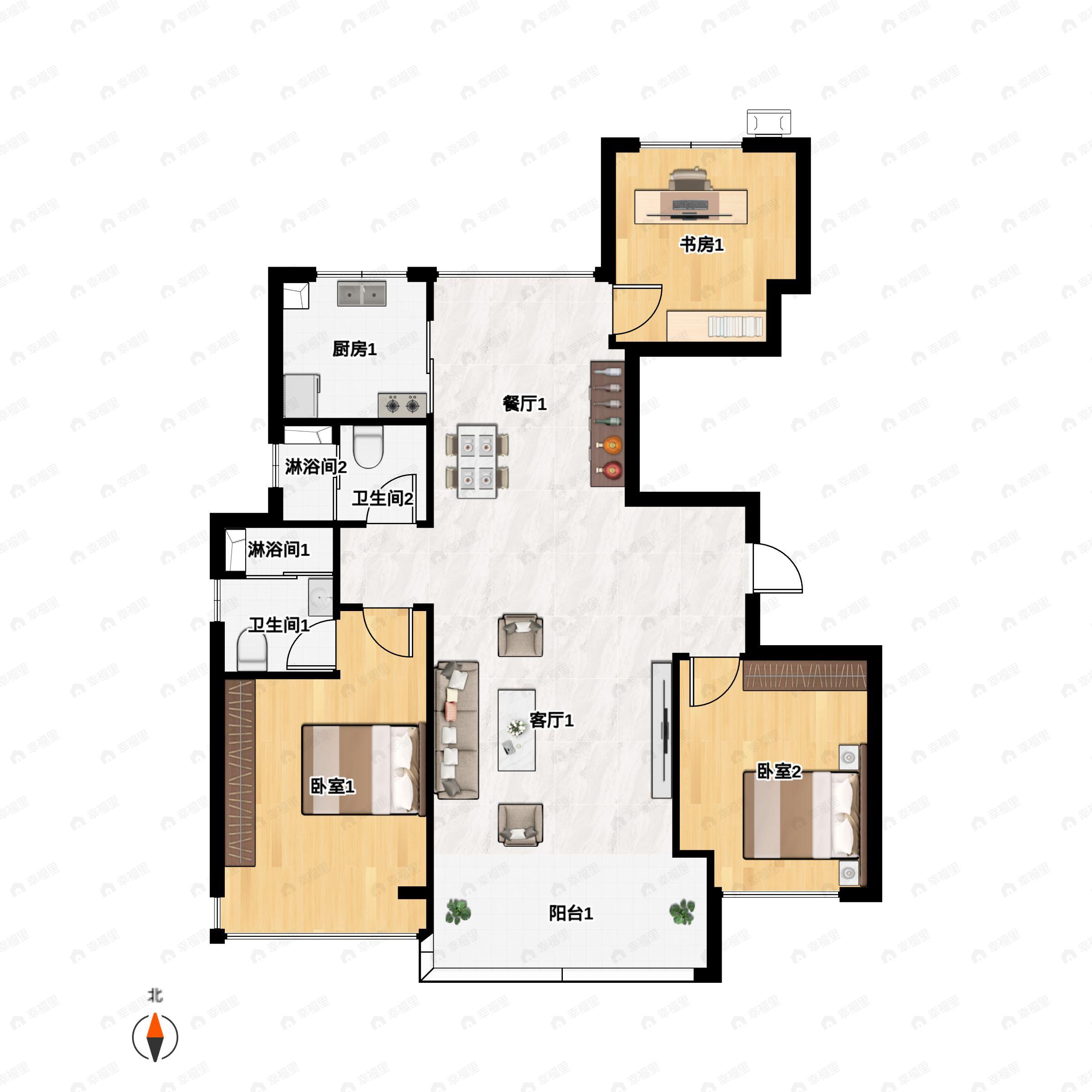 3室2厅2卫建面117平南户型图