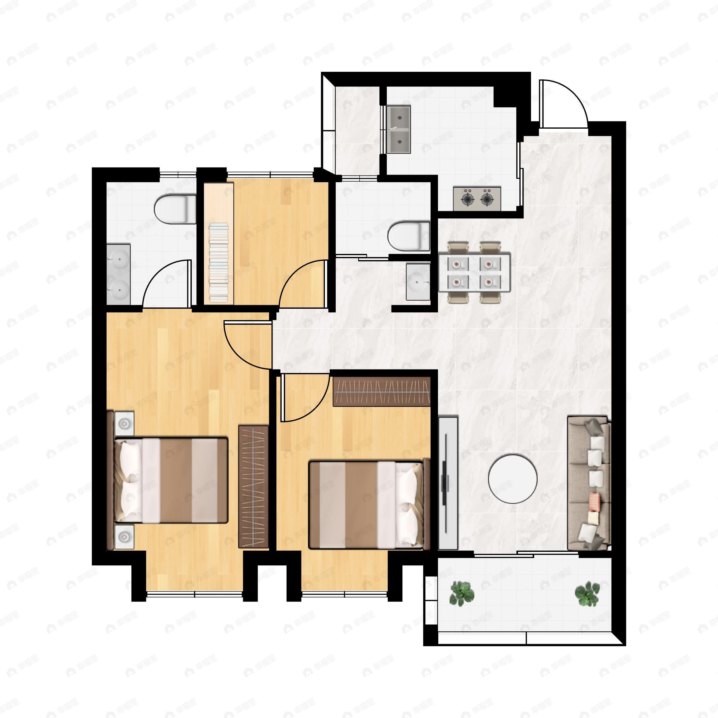 3室2厅2卫建面89m²南户型图