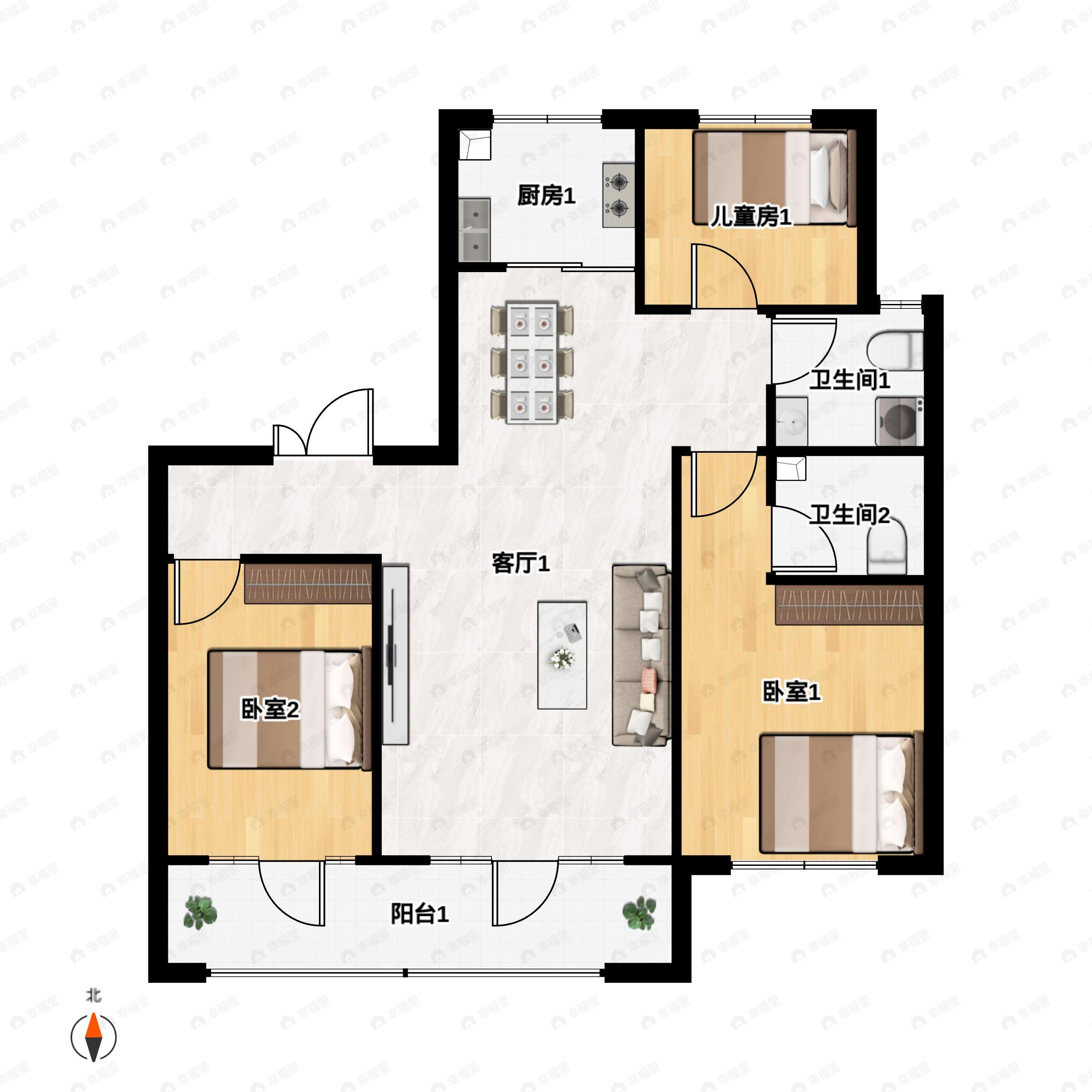 3室2厅2卫建面126平南户型图