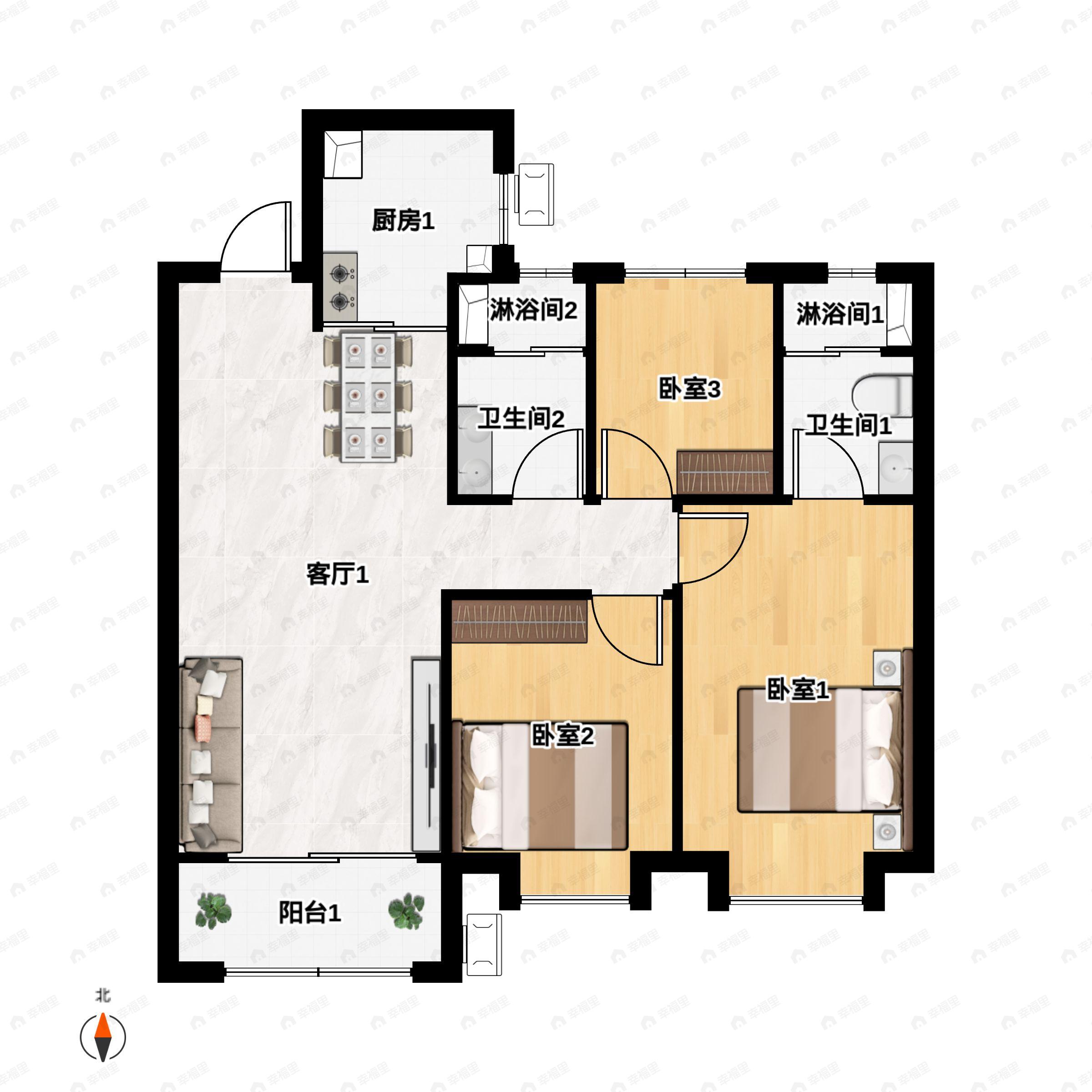 3室2厅2卫建面105平北|南户型图