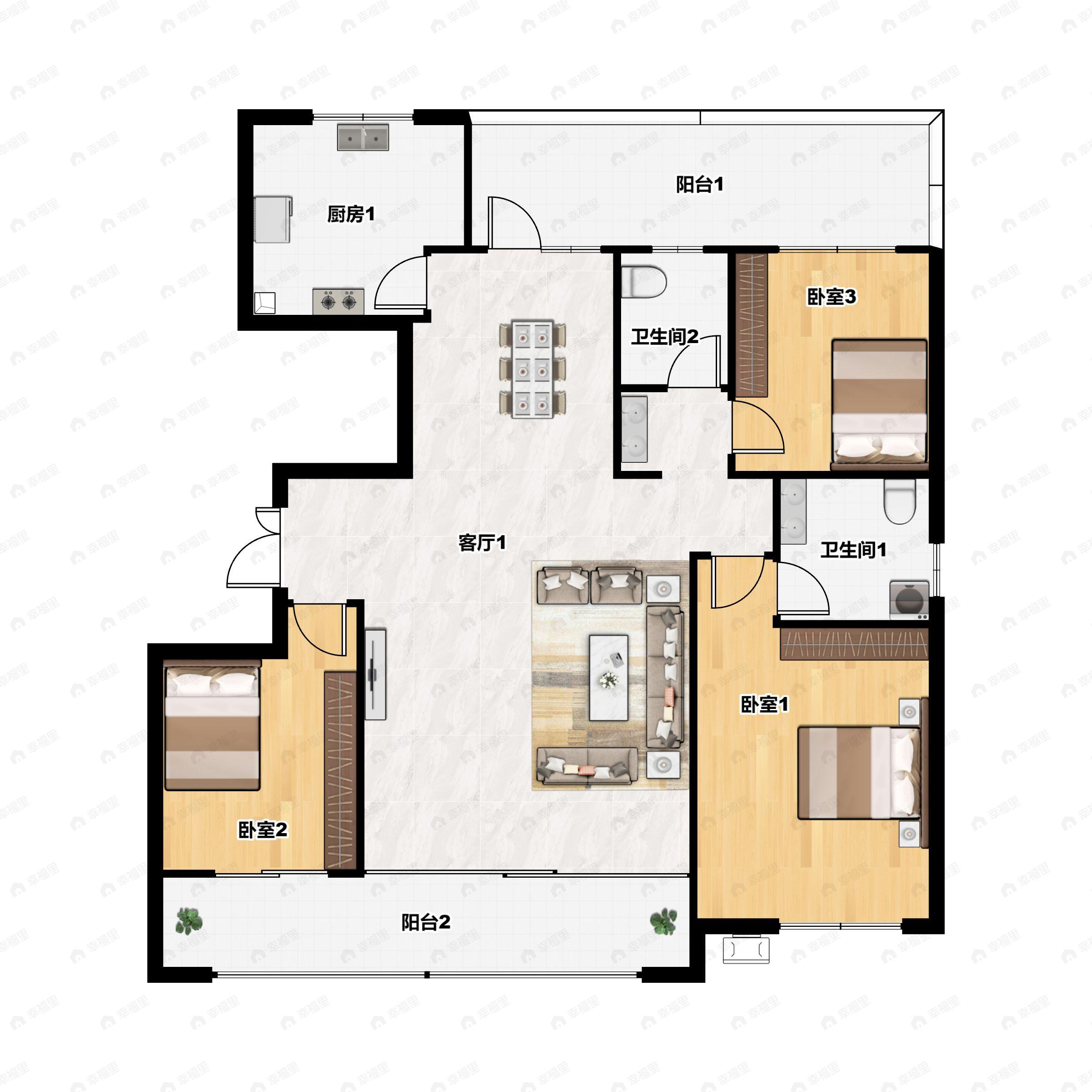 3室2厅2卫建面133m²南|北户型图