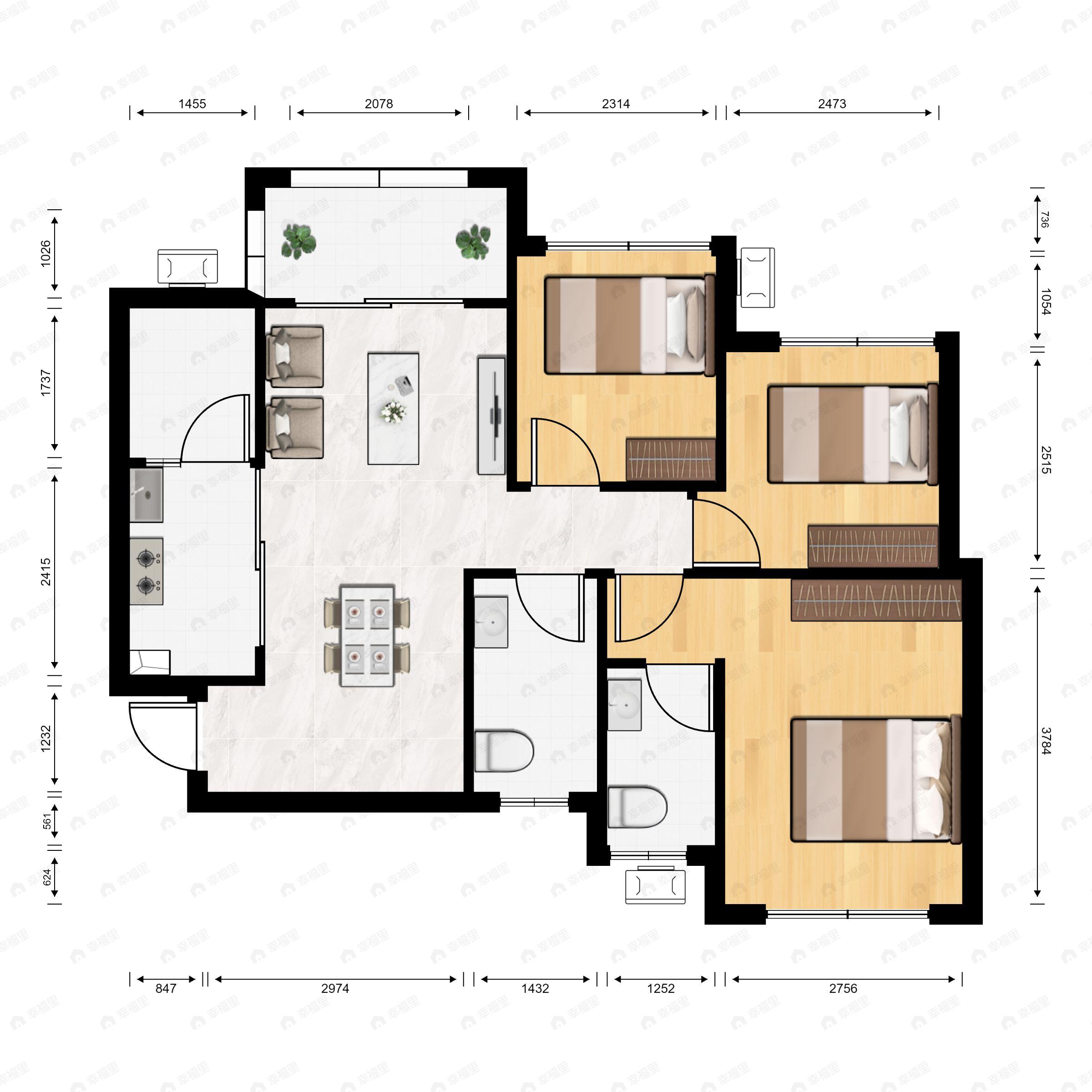 3室2厅2卫建面89平南户型图