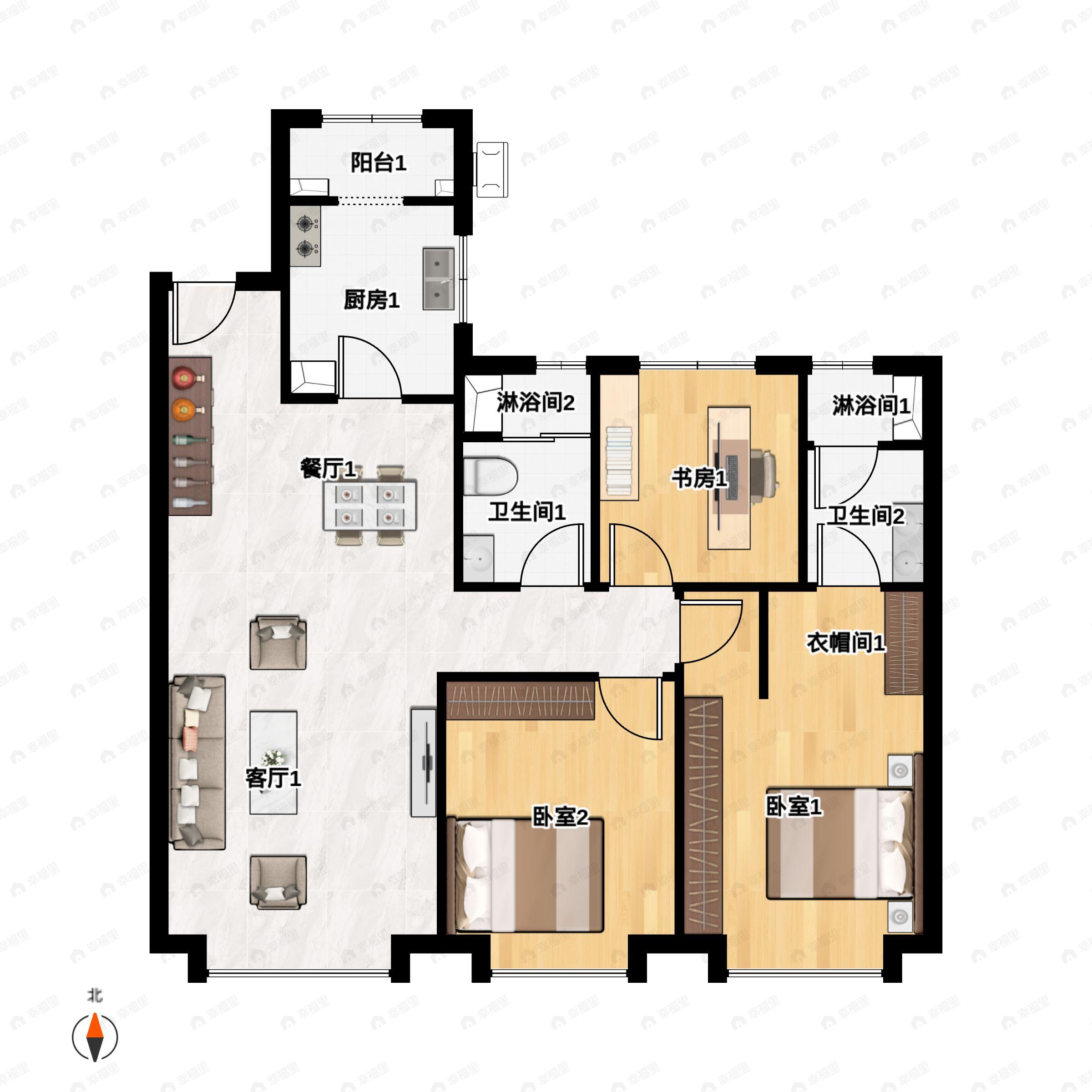 3室2厅2卫建面117m²南|北户型图