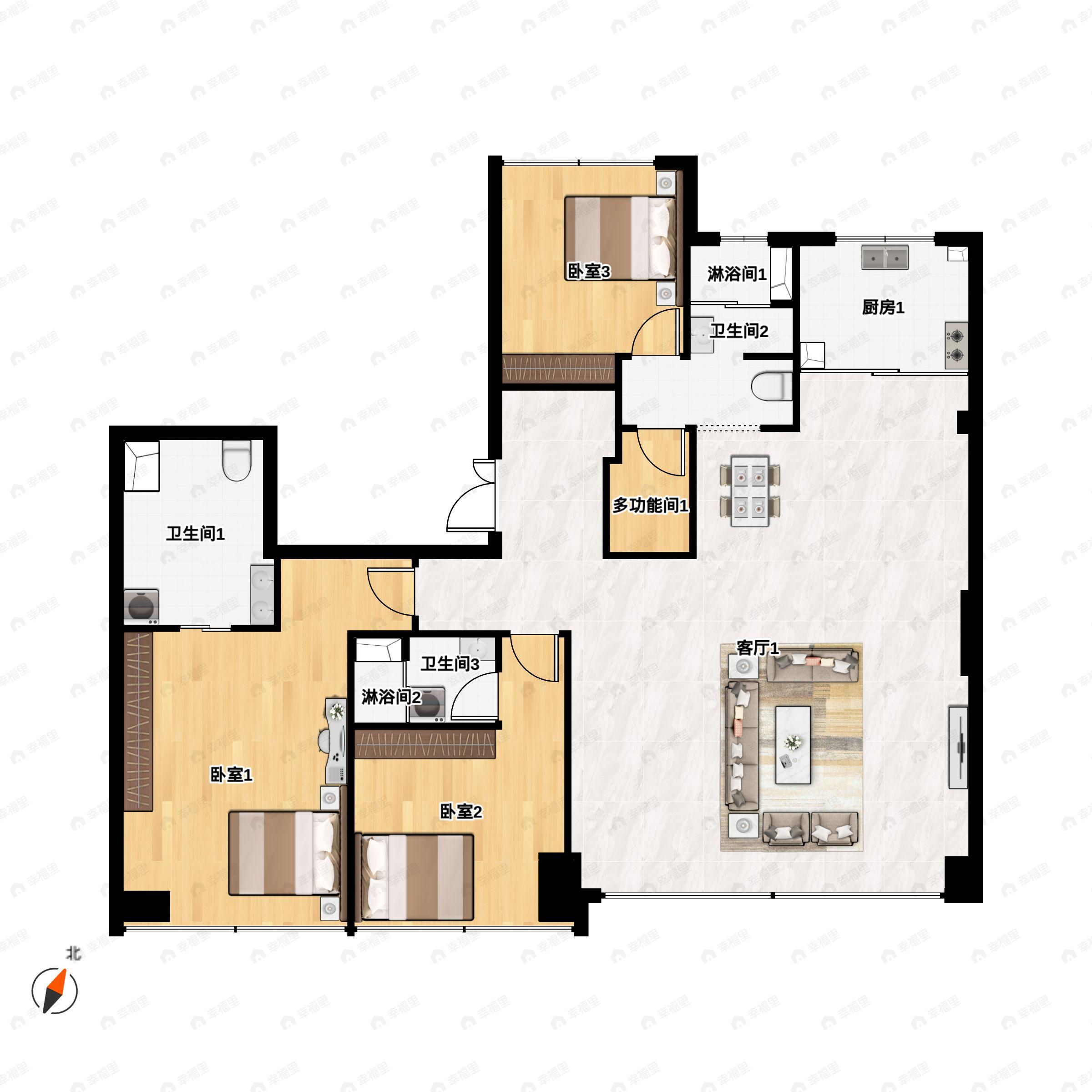 3室2厅3卫建面205平西南户型图