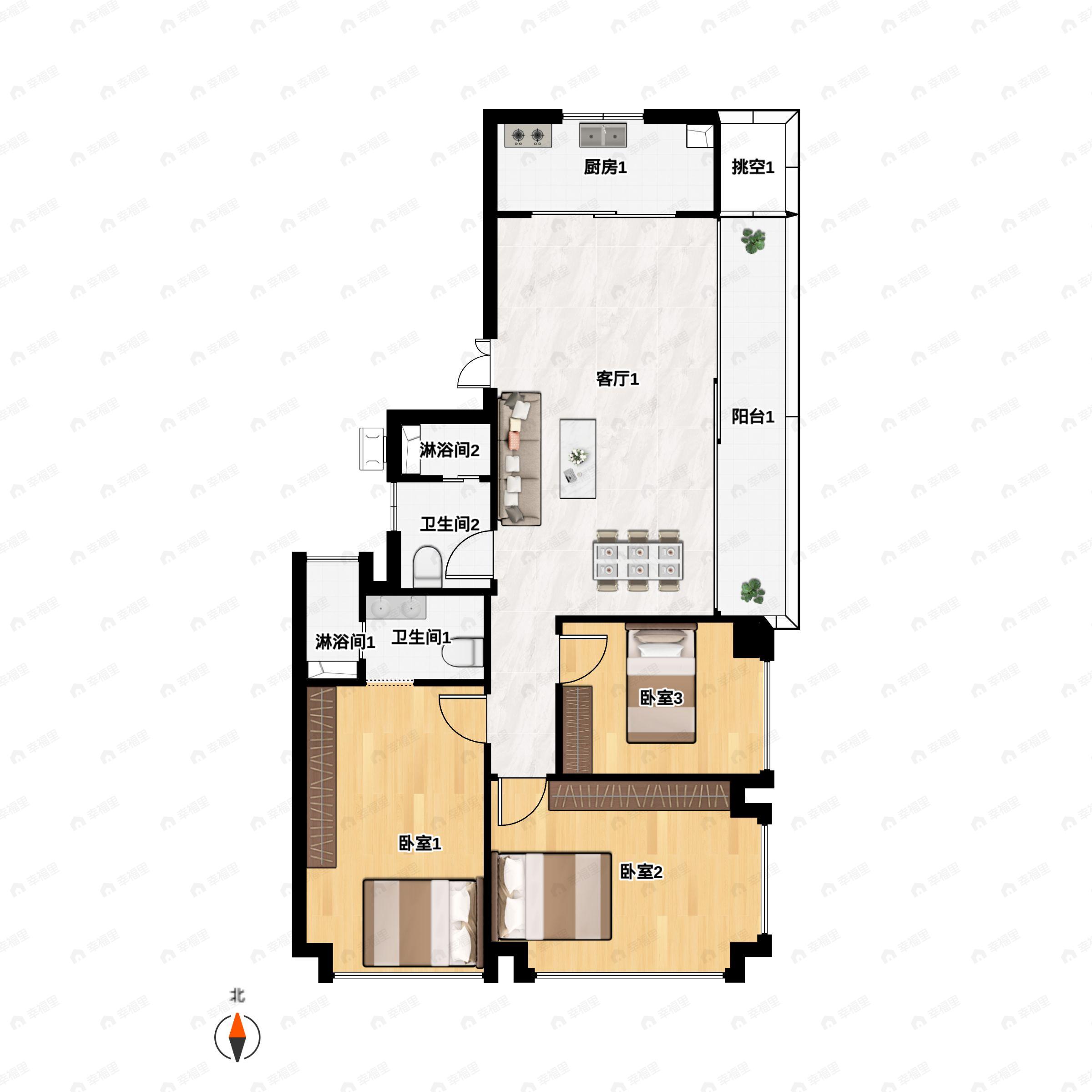 3室3厅2卫建面143m²南|北户型图