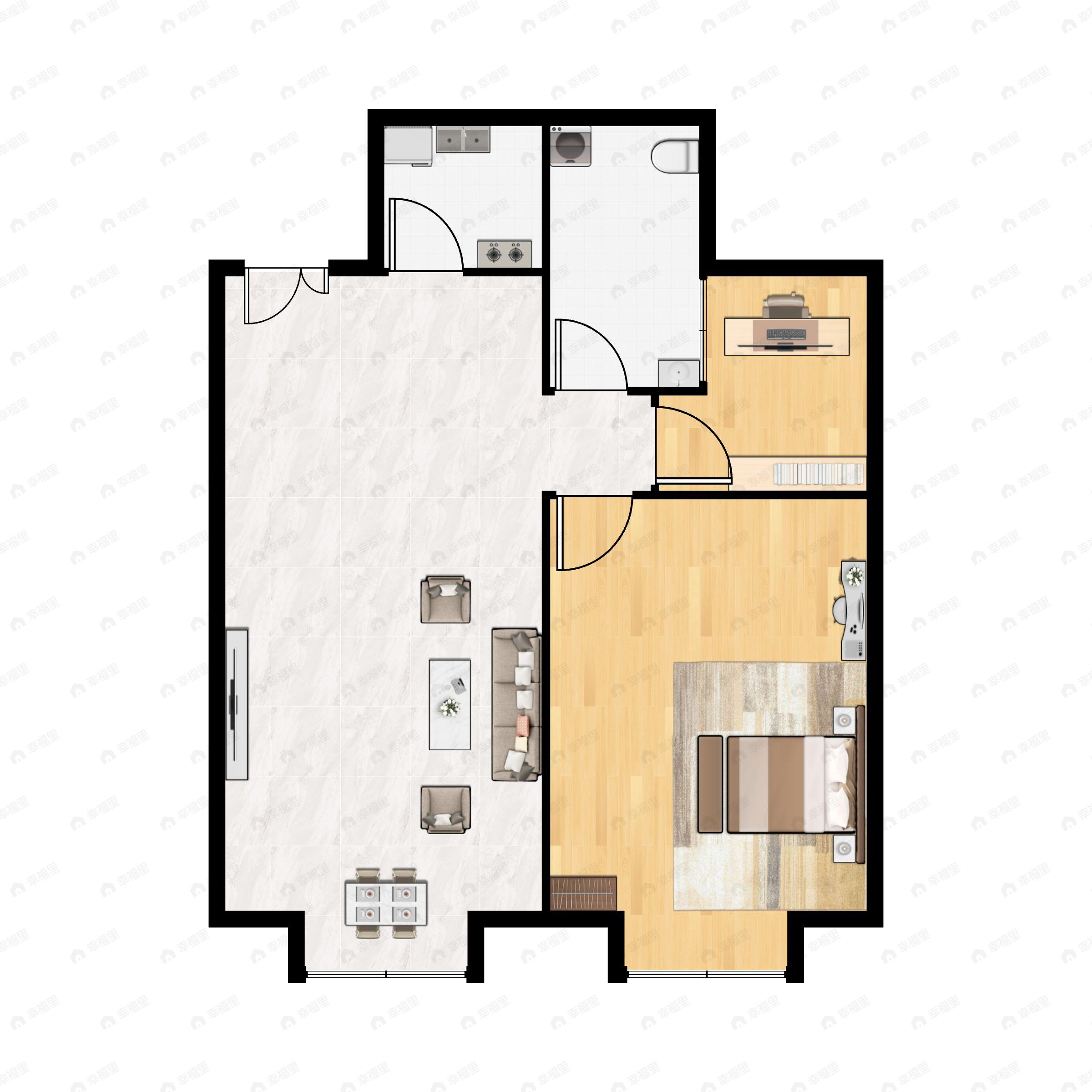 2室2厅1卫建面72m²南户型图