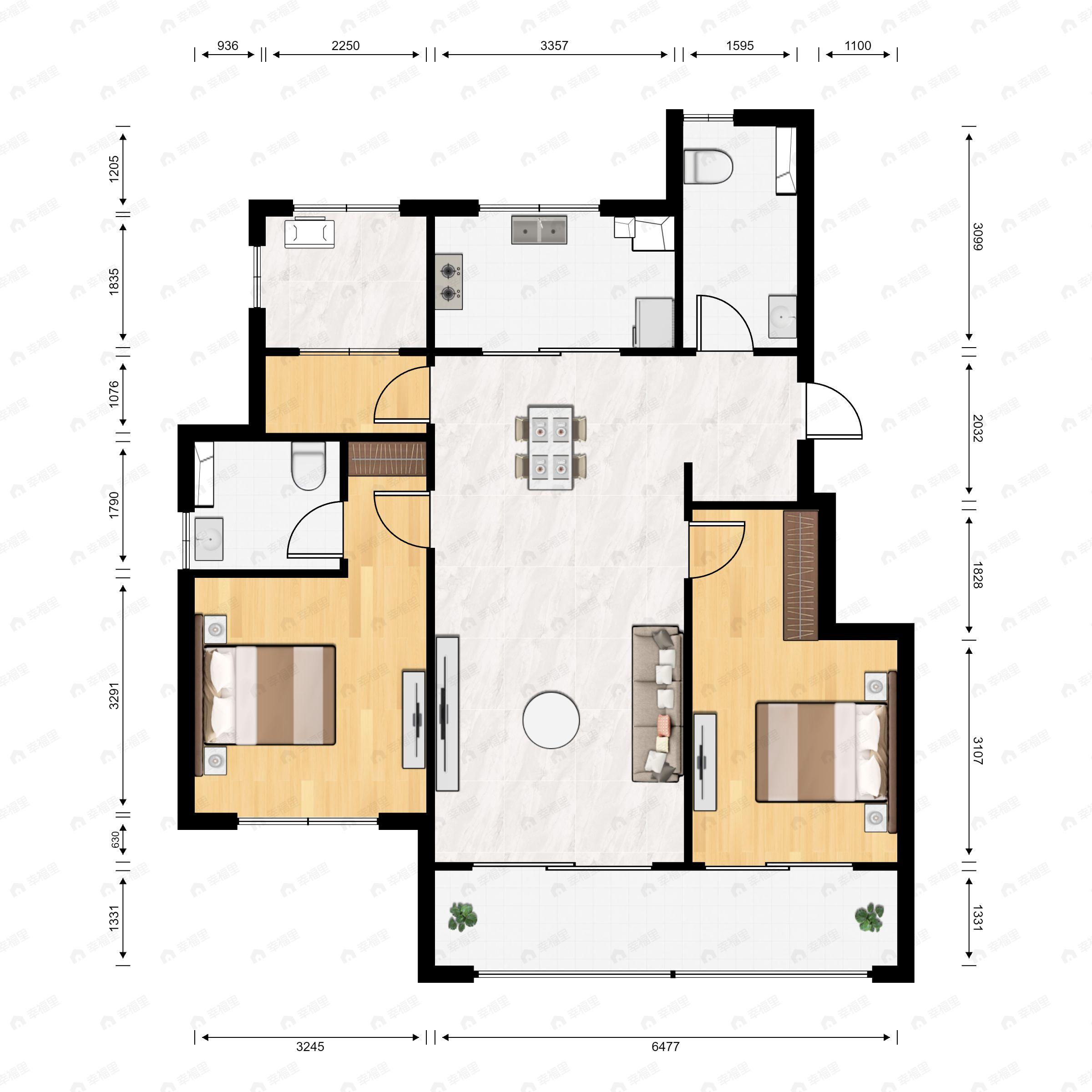 2室2厅2卫建面97m²北|南户型图