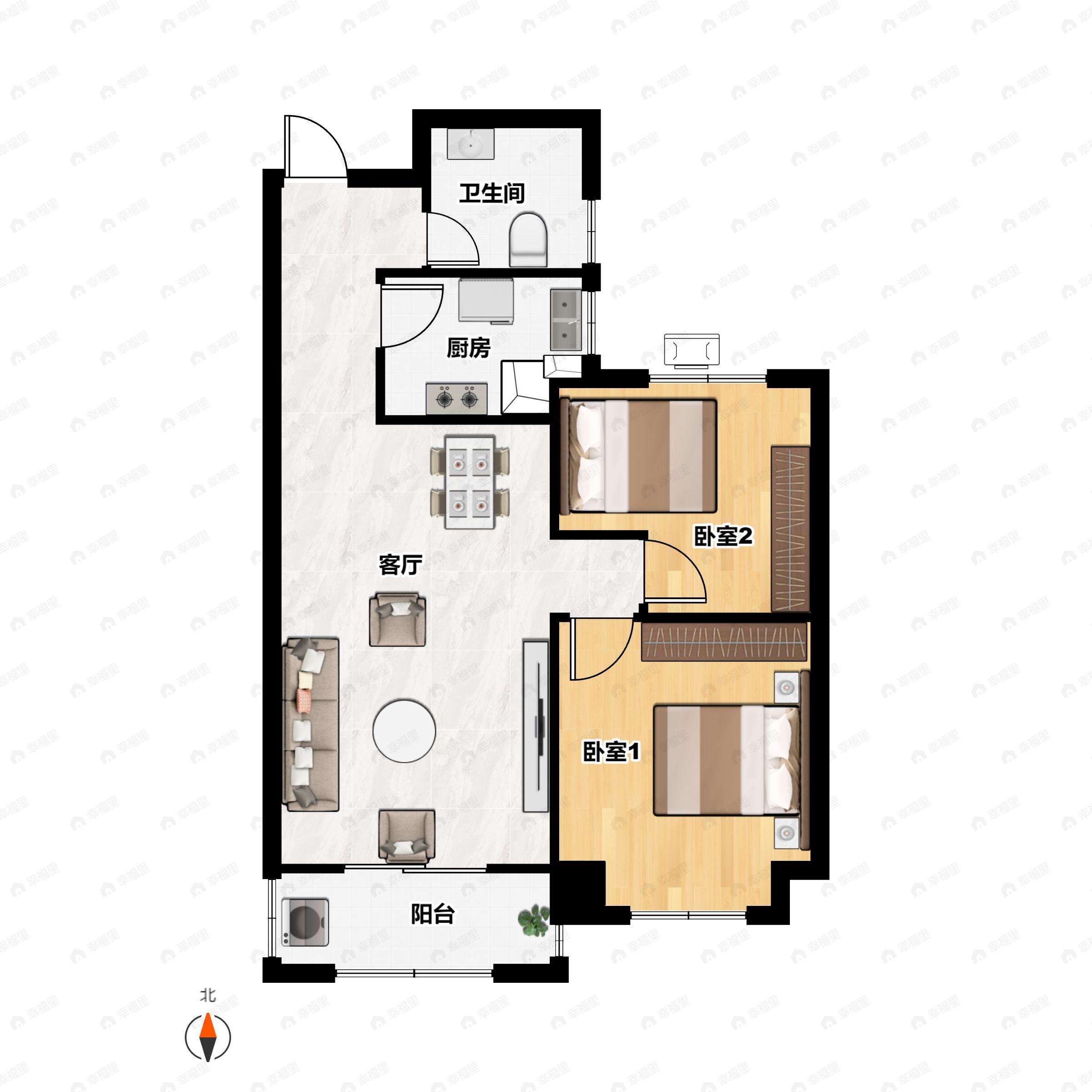 2室2厅1卫建面78m²南户型图