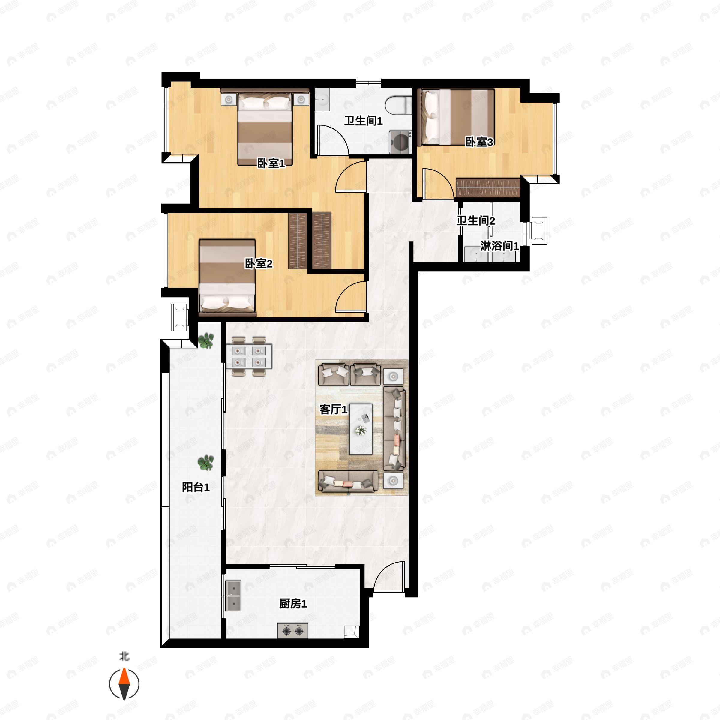 3室2厅2卫建面123m²南户型图