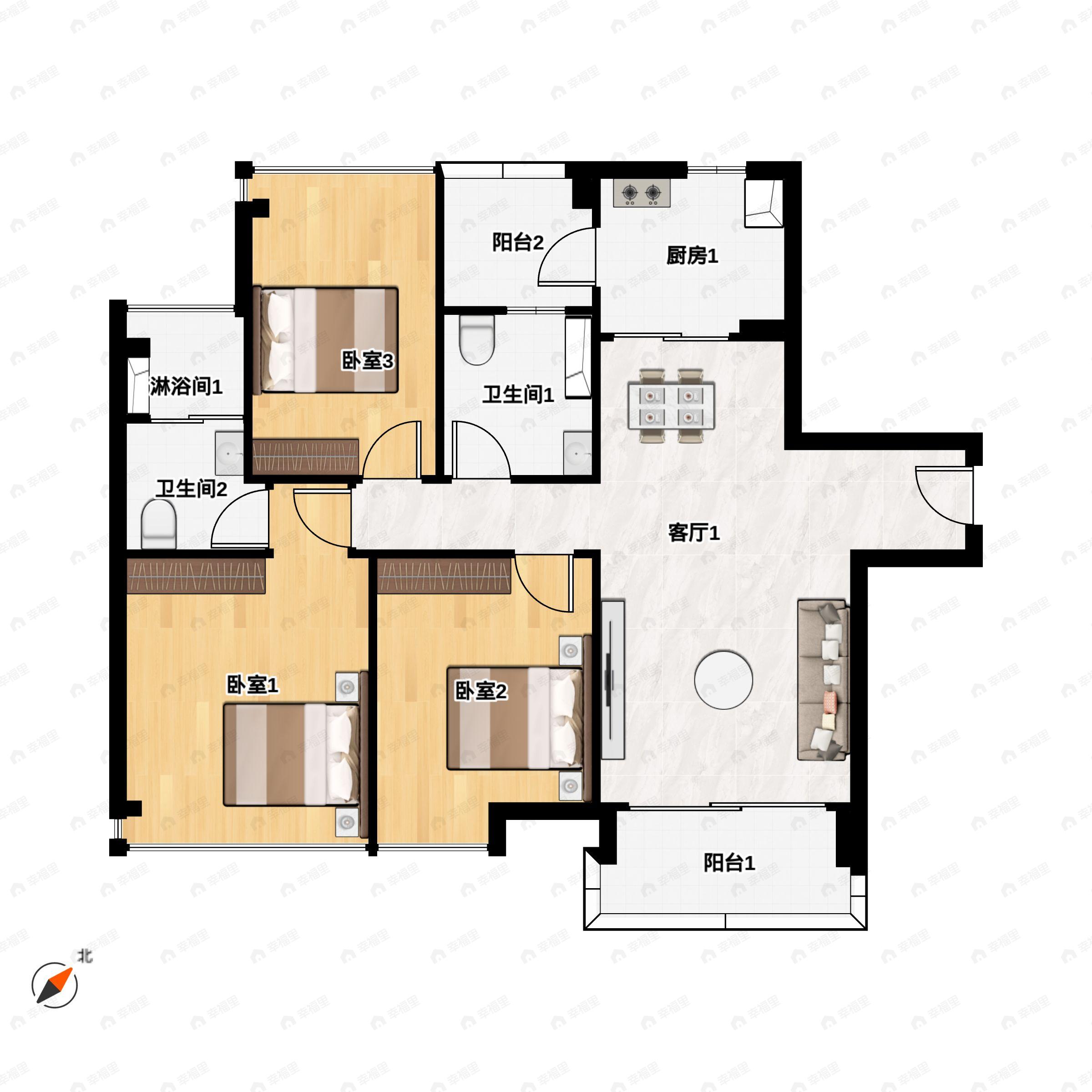 3室2厅2卫建面107平户型图