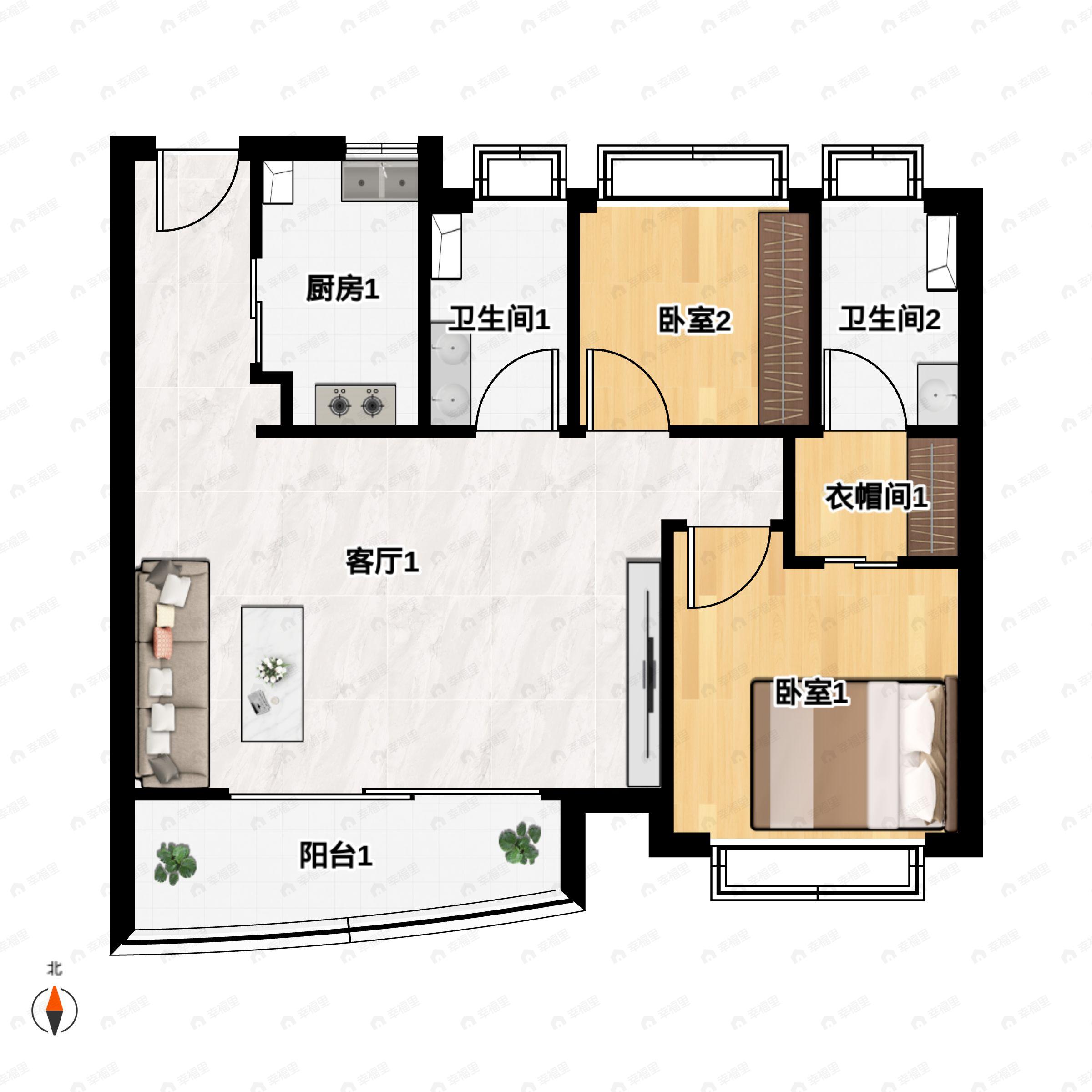 2室2厅2卫建面100平户型图