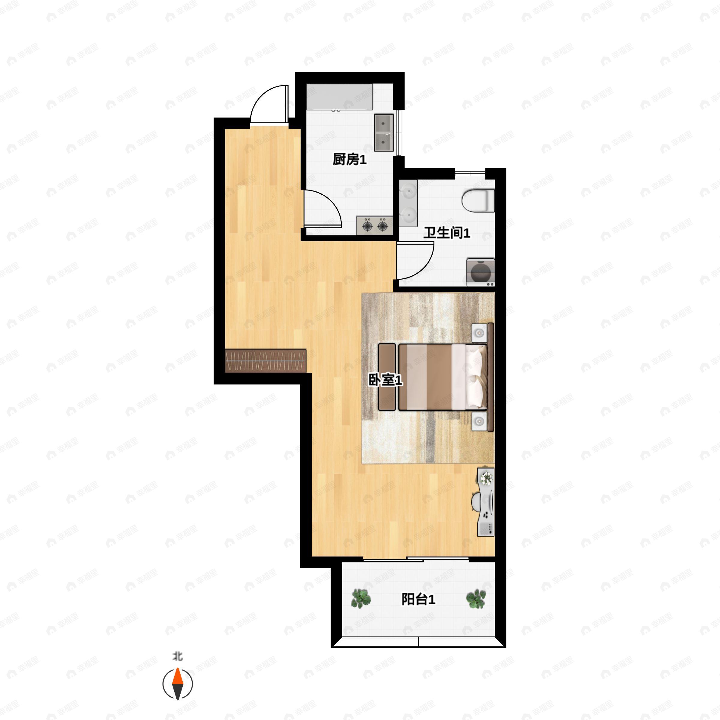 1室2厅1卫建面58m²北|南户型图