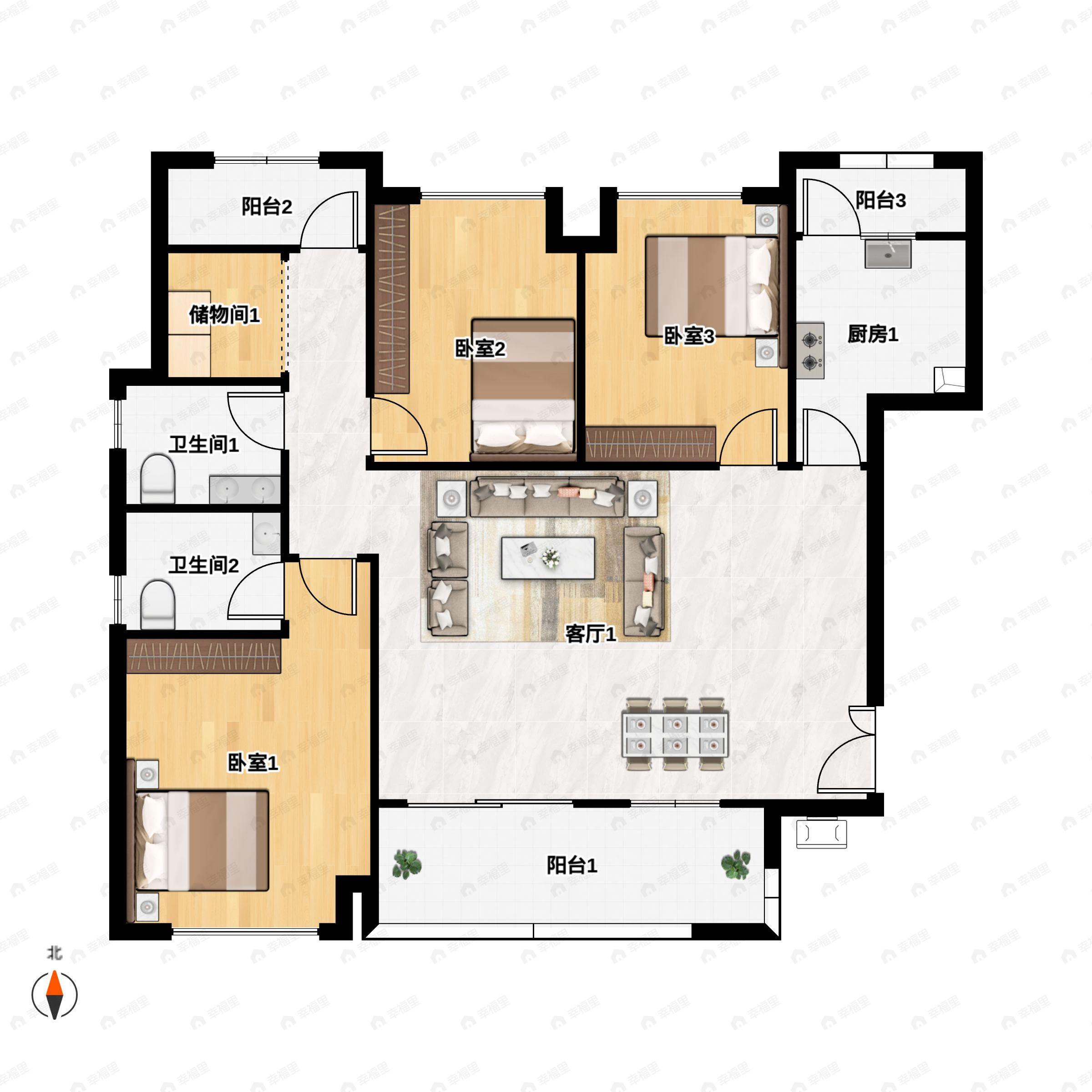 3室2厅2卫建面103平北户型图