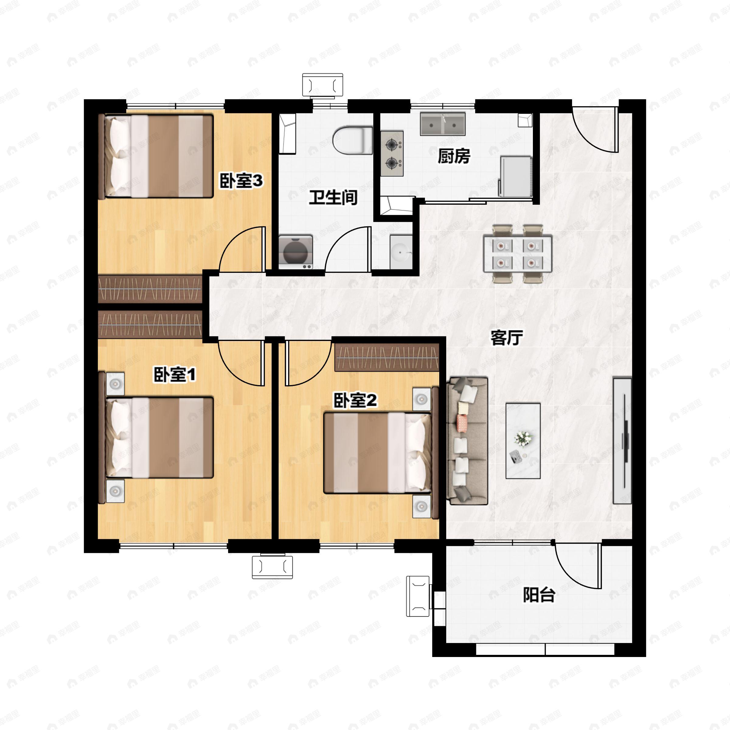 3室2厅1卫建面101平北|南户型图