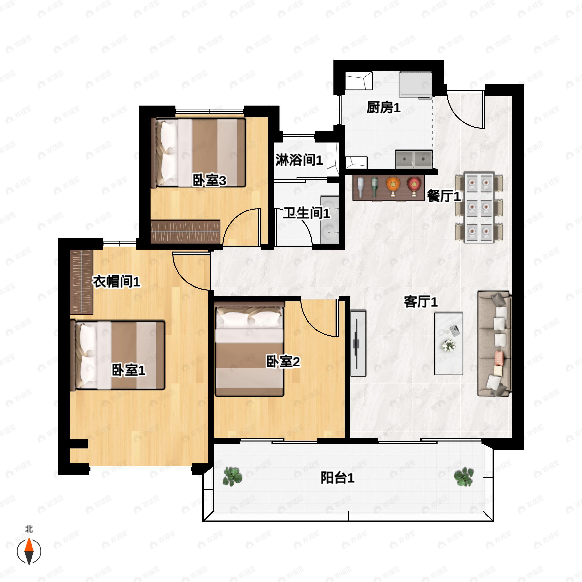 3室2厅2卫建面107m²北户型图