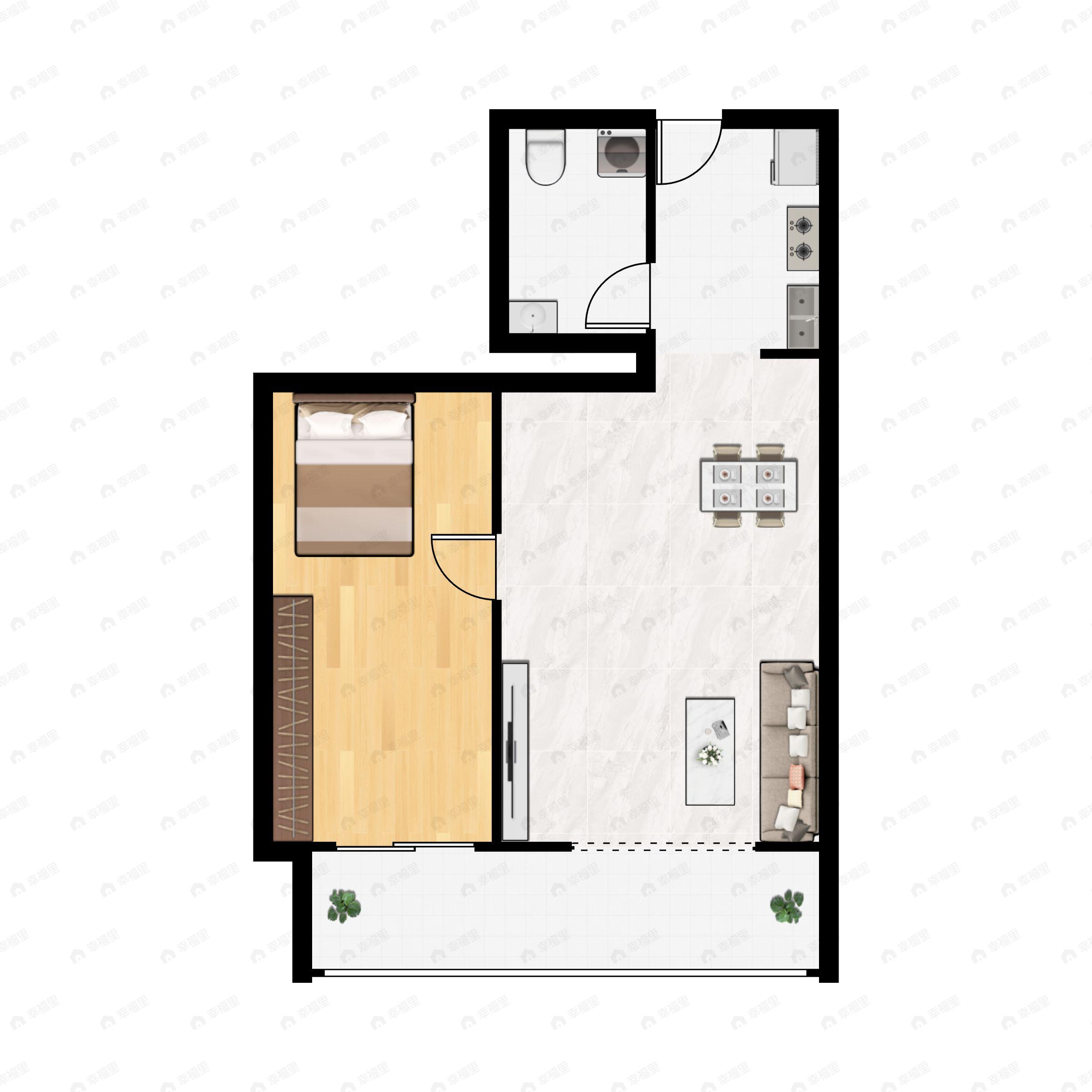 1室2厅1卫建面72m²南户型图