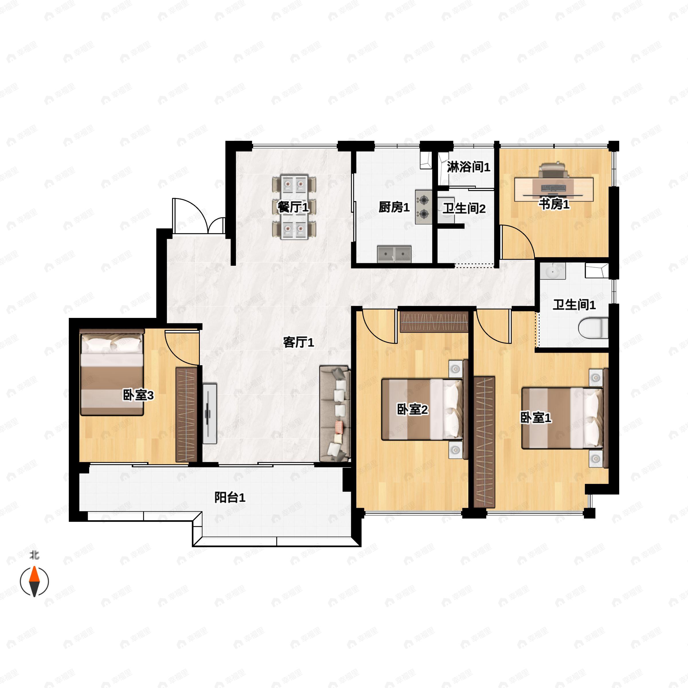4室2厅2卫建面129平南户型图
