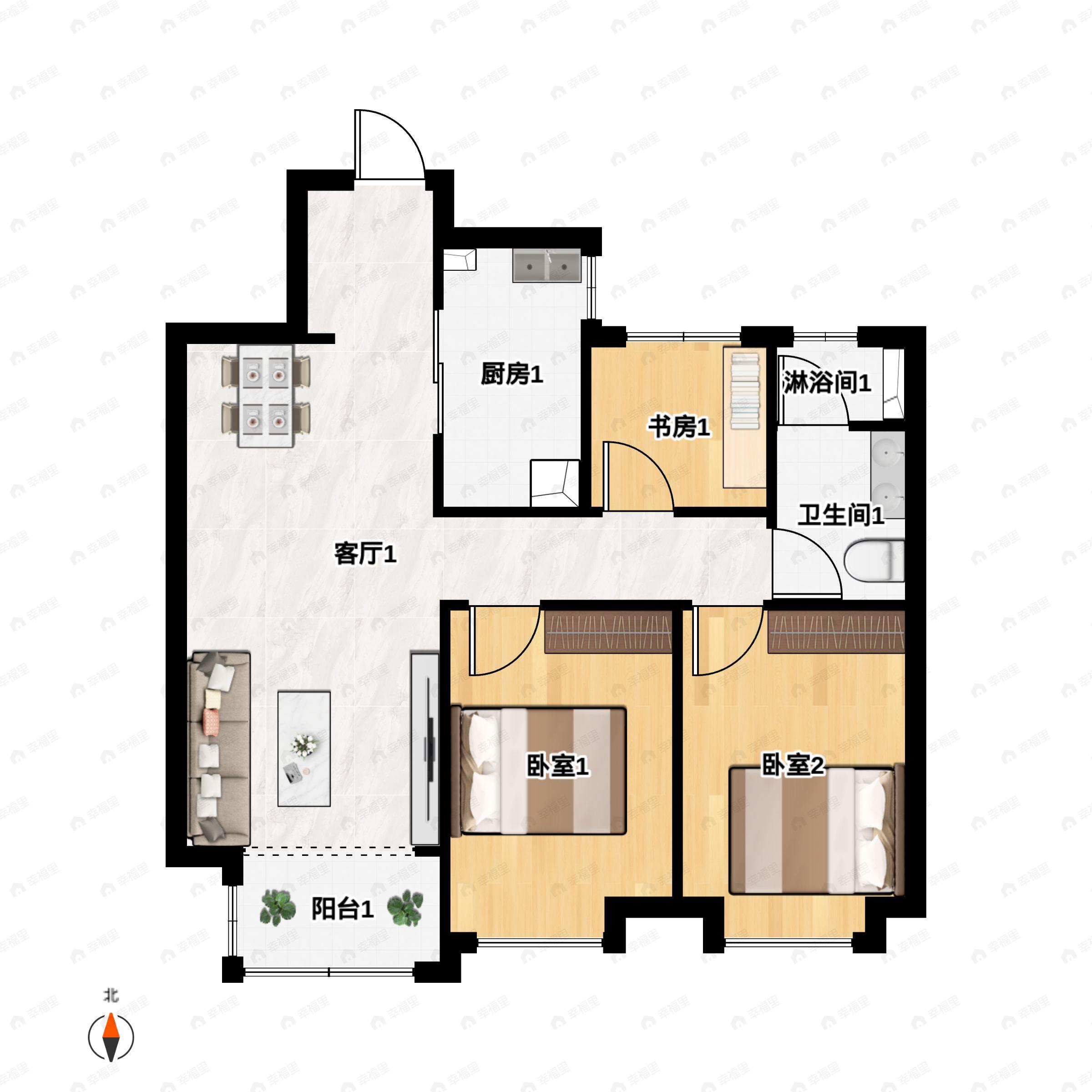3室2厅1卫建面94m²南|北户型图