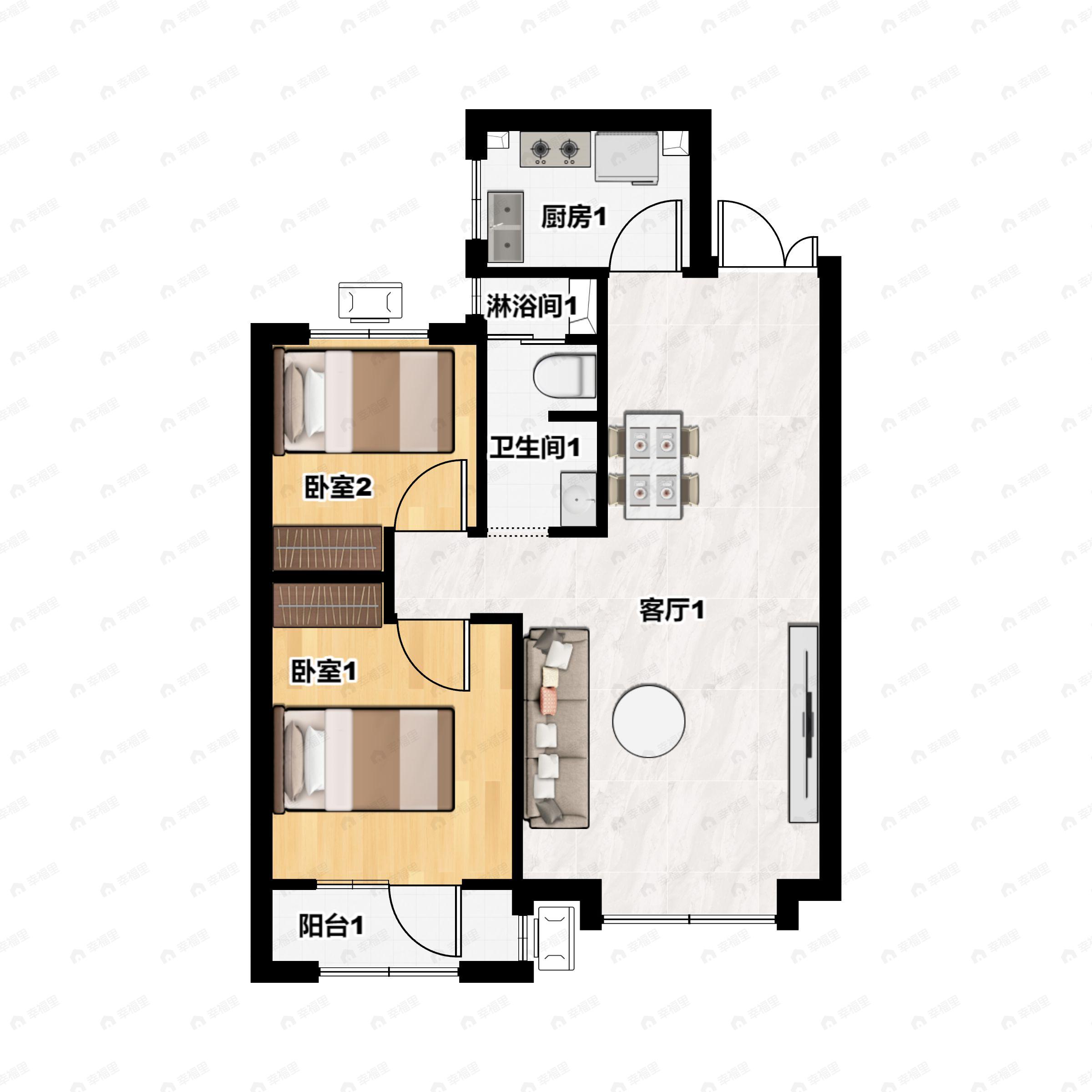 2室2厅1卫建面99平北|南户型图