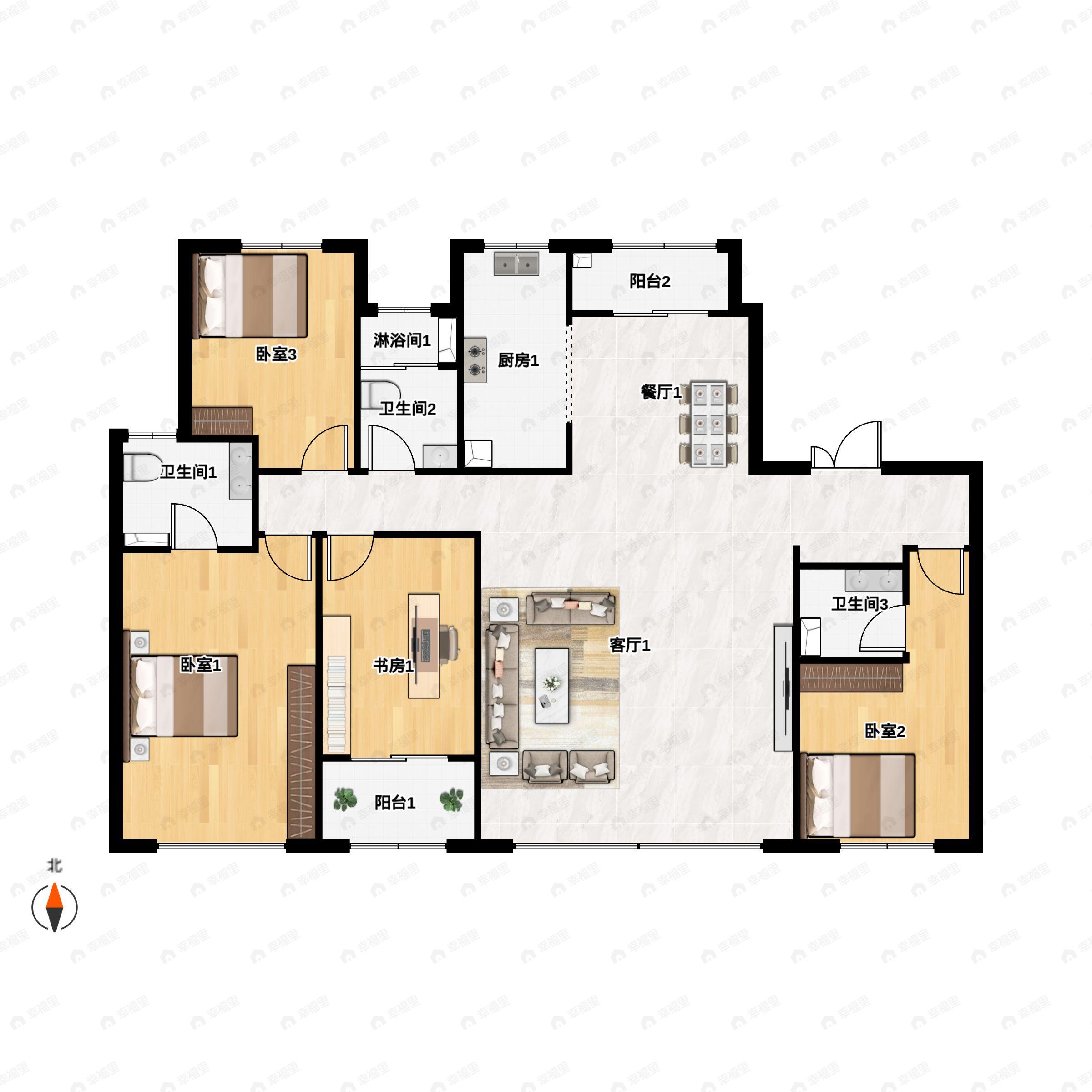 4室2厅3卫建面169平南户型图