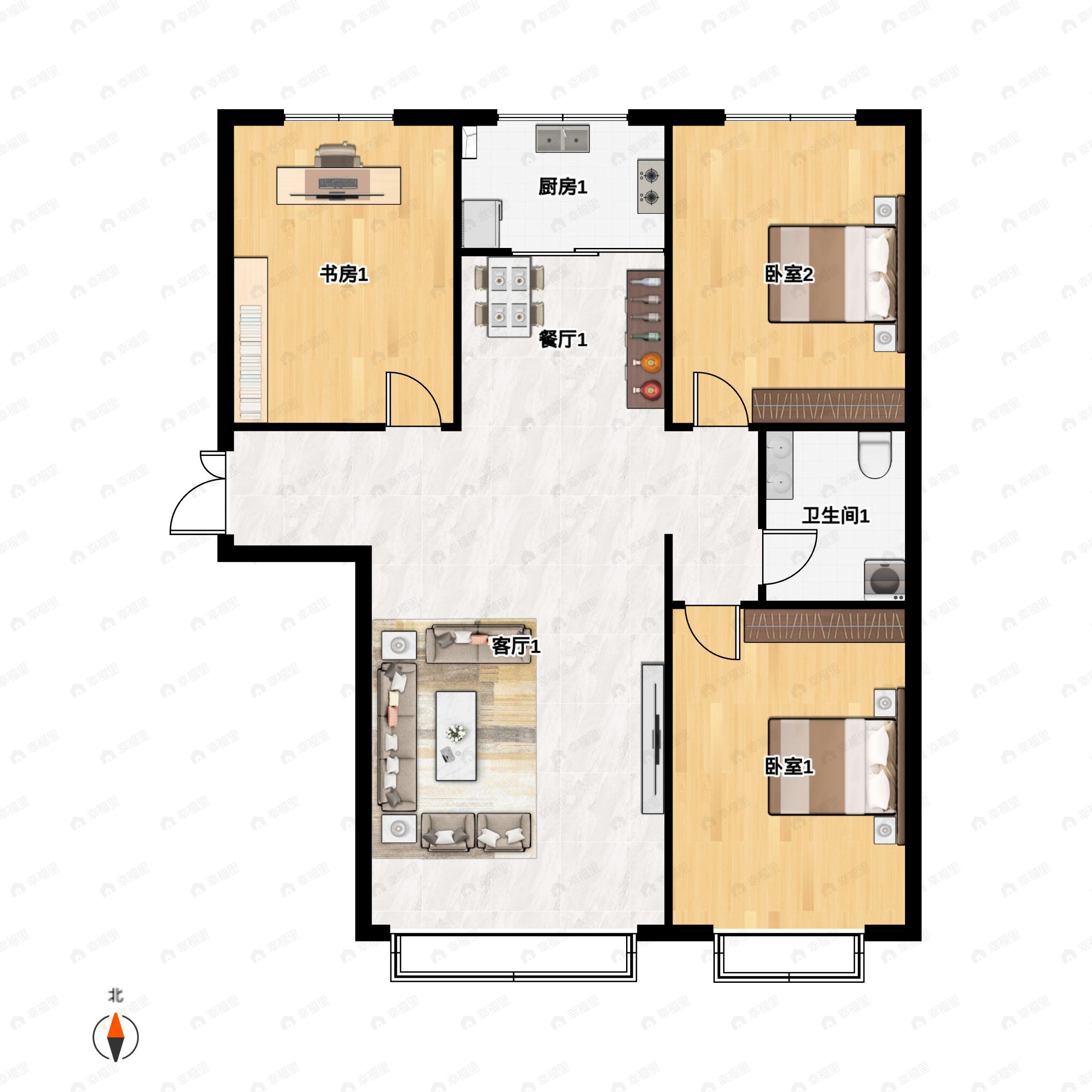 3室2厅1卫建面126平南|北户型图