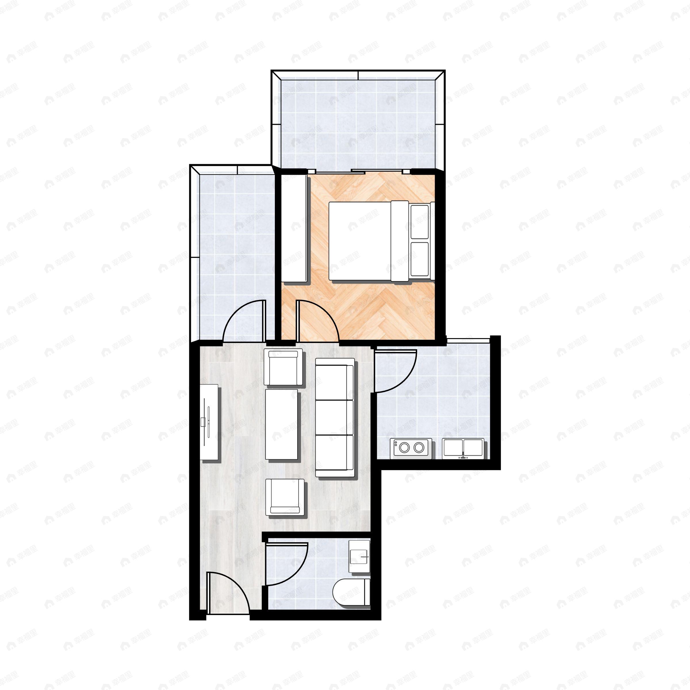 1室1厅1卫建面44m²东|西户型图