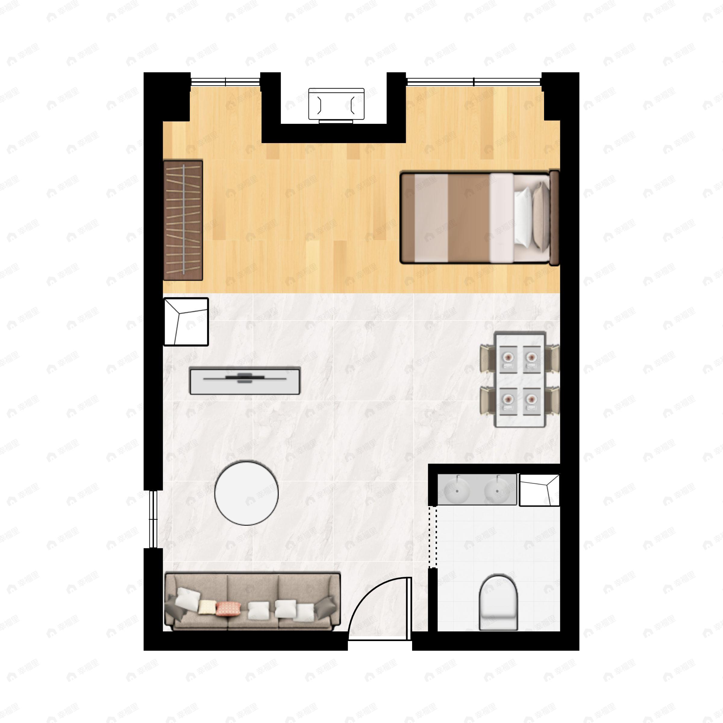 1室1厅1卫建面58m²南户型图