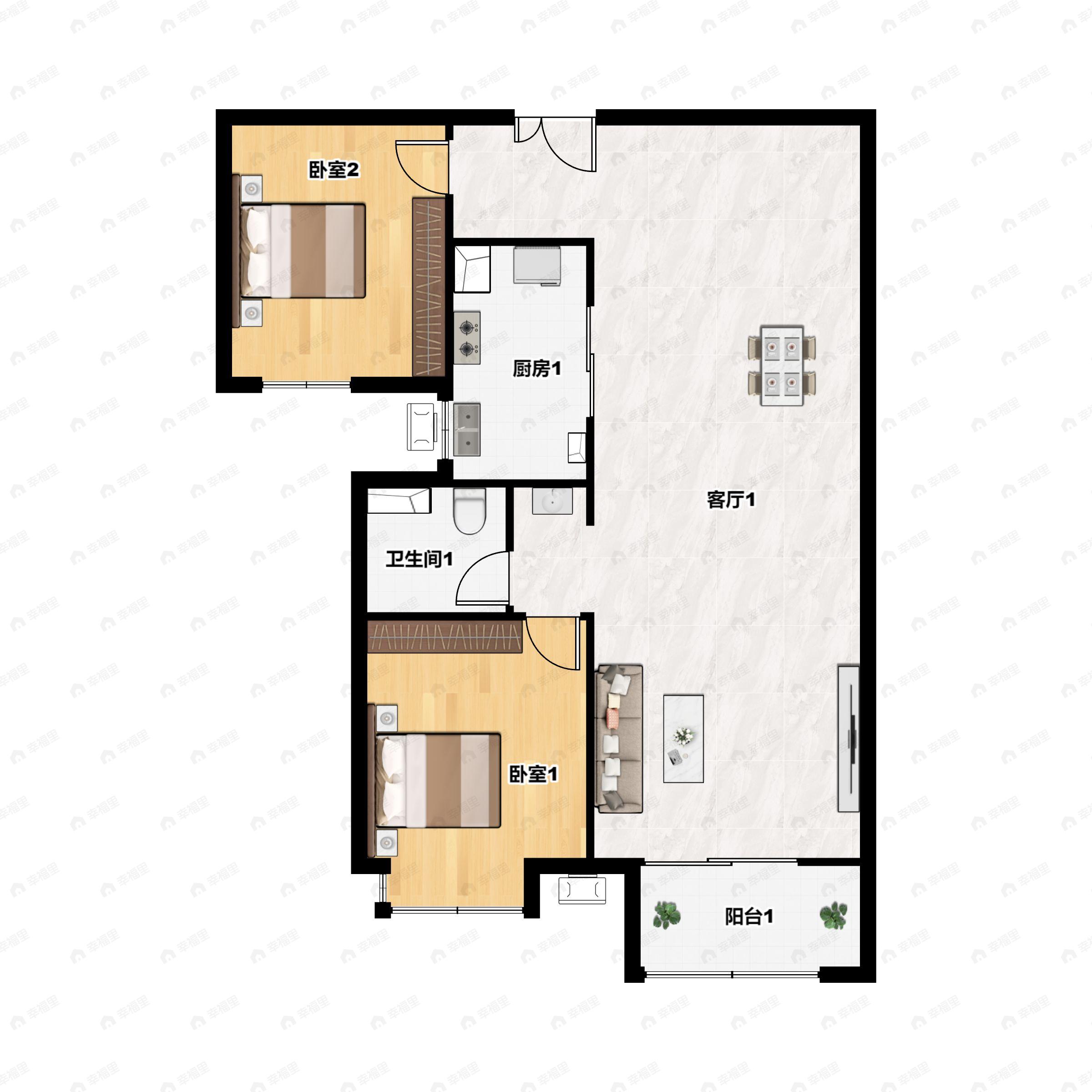 2室2厅1卫建面94m²南户型图