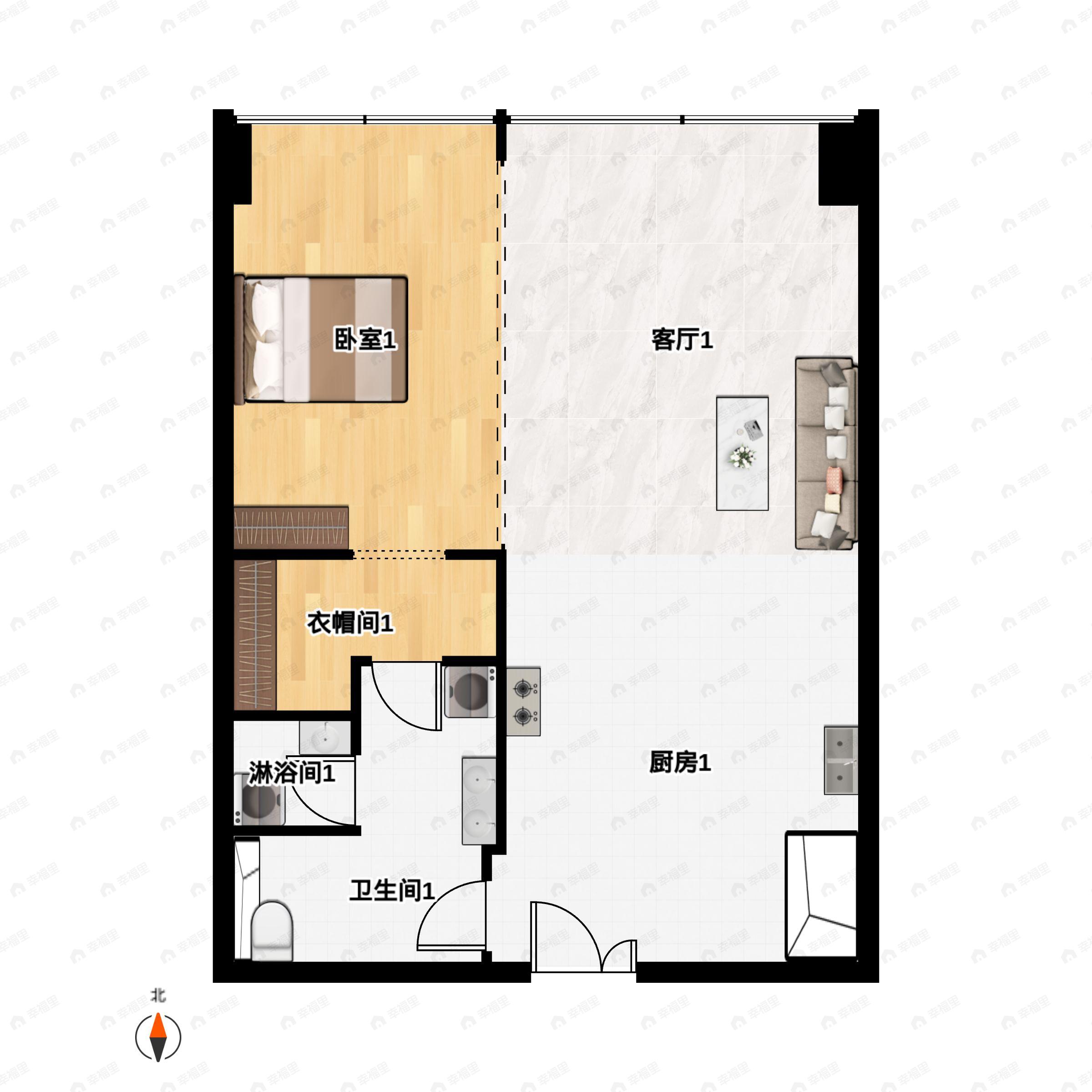 1室2厅1卫建面89平南|北户型图