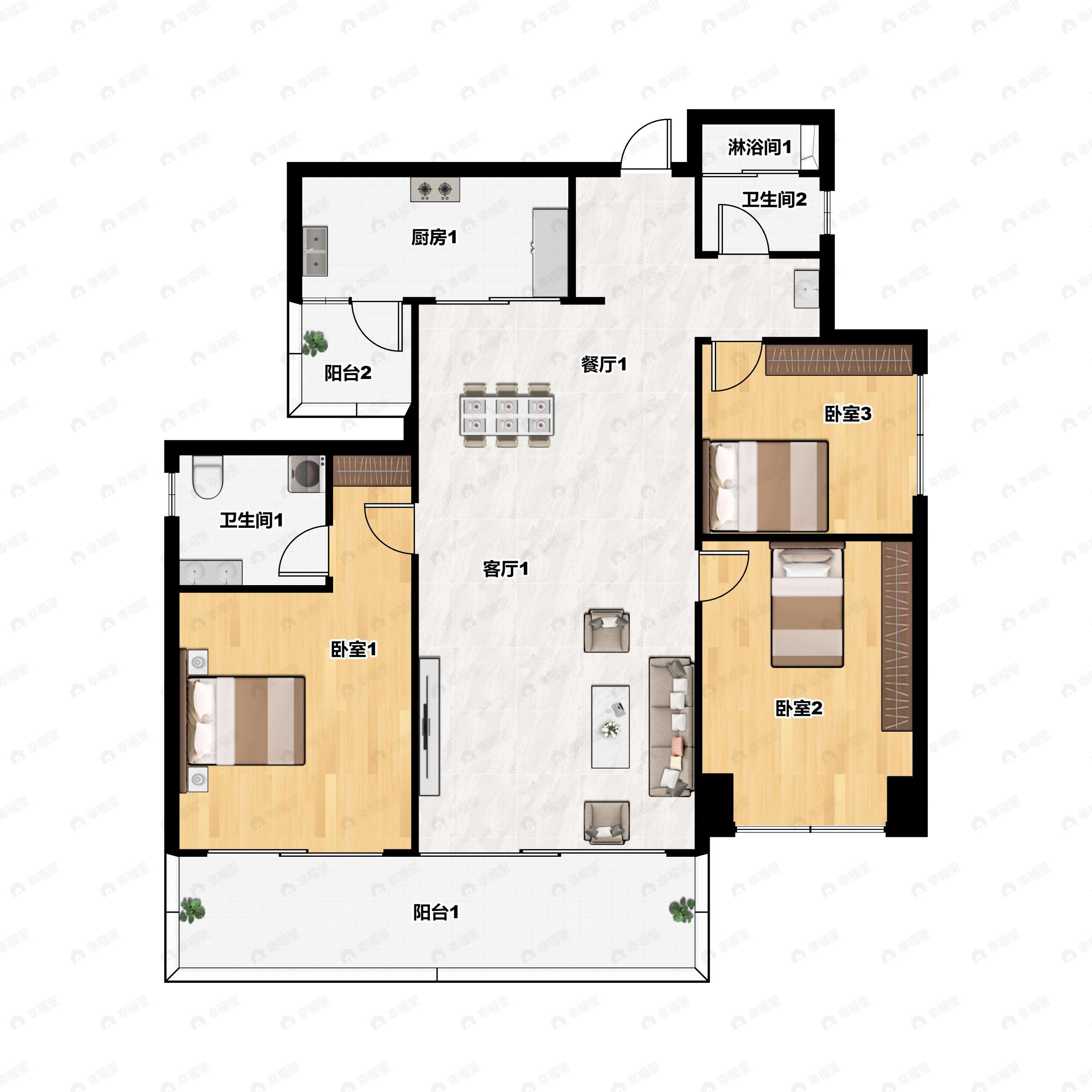 3室2厅2卫建面137m²南户型图
