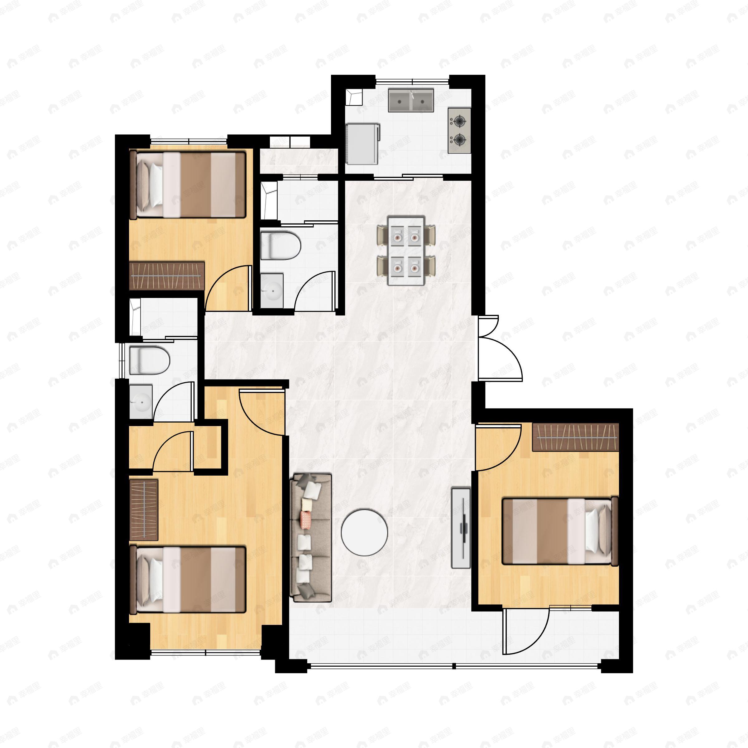 3室2厅2卫建面134m²南|北户型图