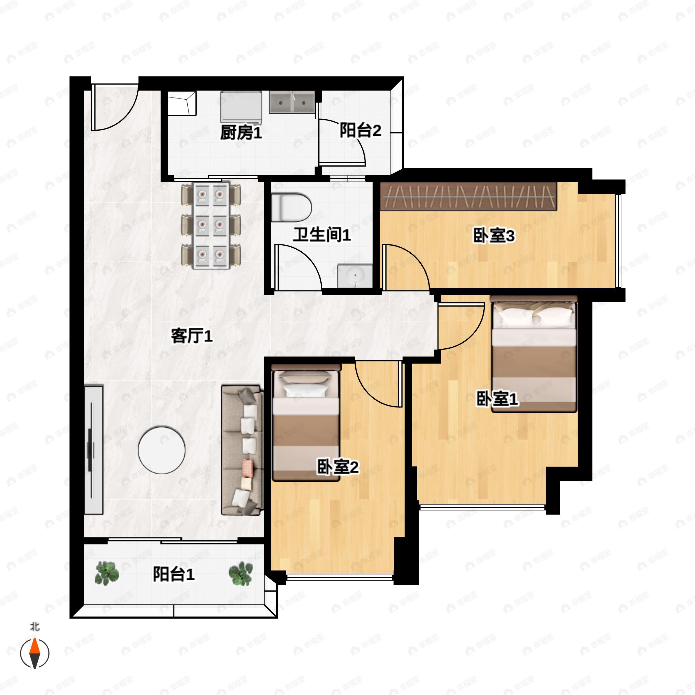 3室2厅1卫建面93平西南|南户型图