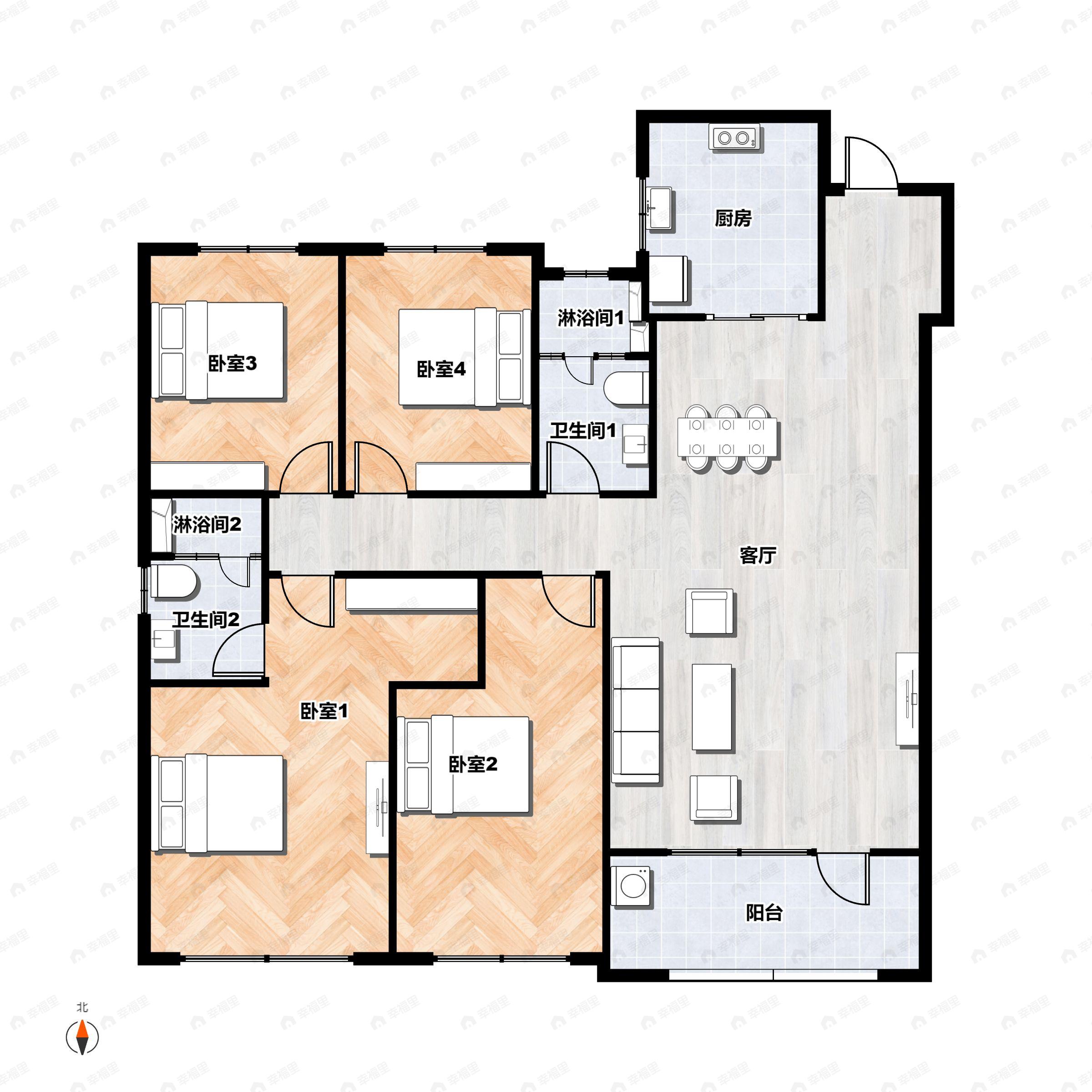 4室2厅2卫建面155平南户型图