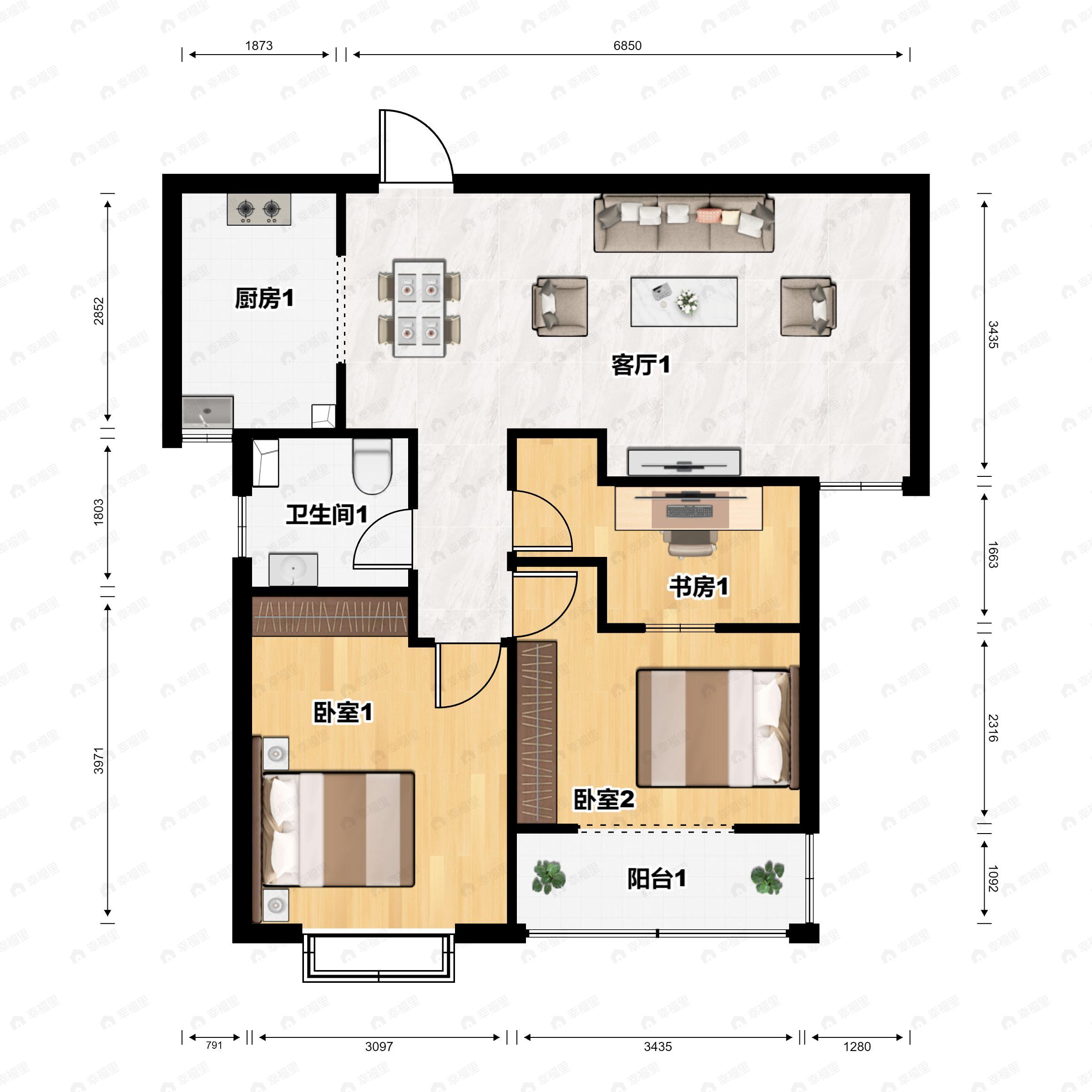 3室2厅1卫建面98平南户型图