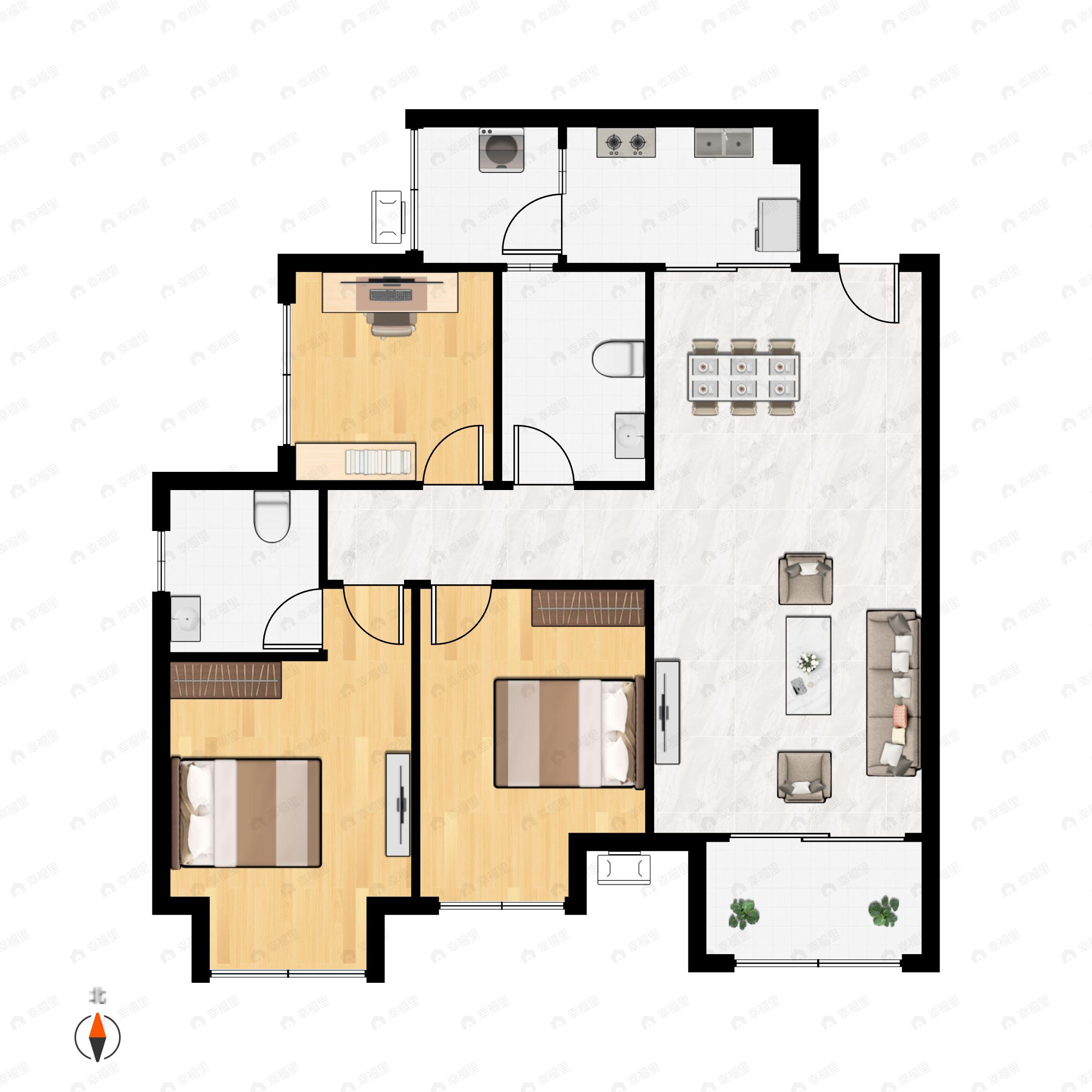 3室2厅2卫建面93m²南户型图