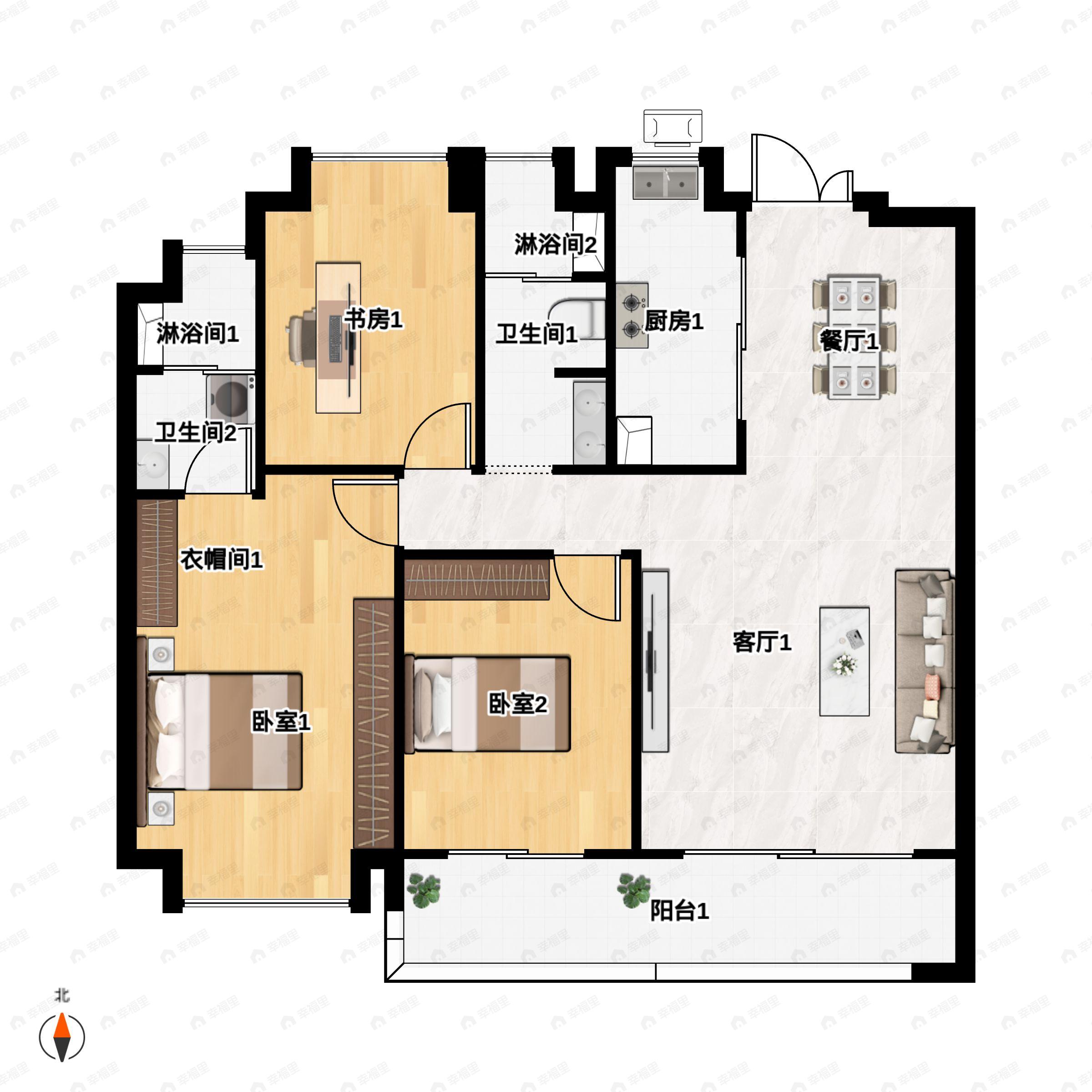 3室2厅2卫建面128m²南|北户型图