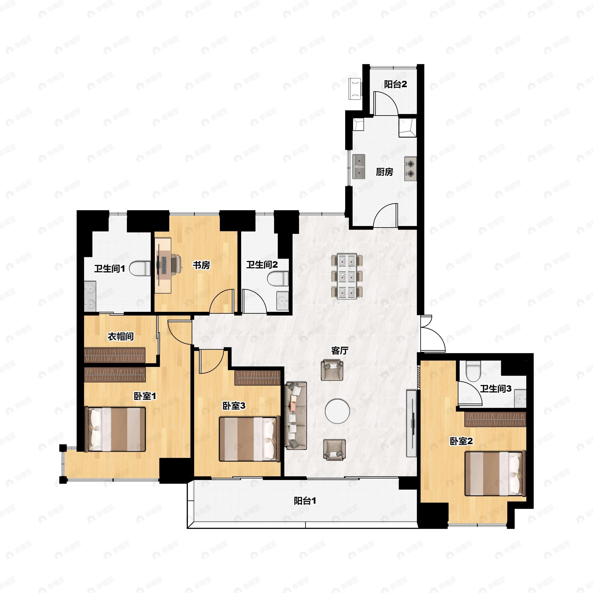 4室2厅3卫建面184平北|南户型图