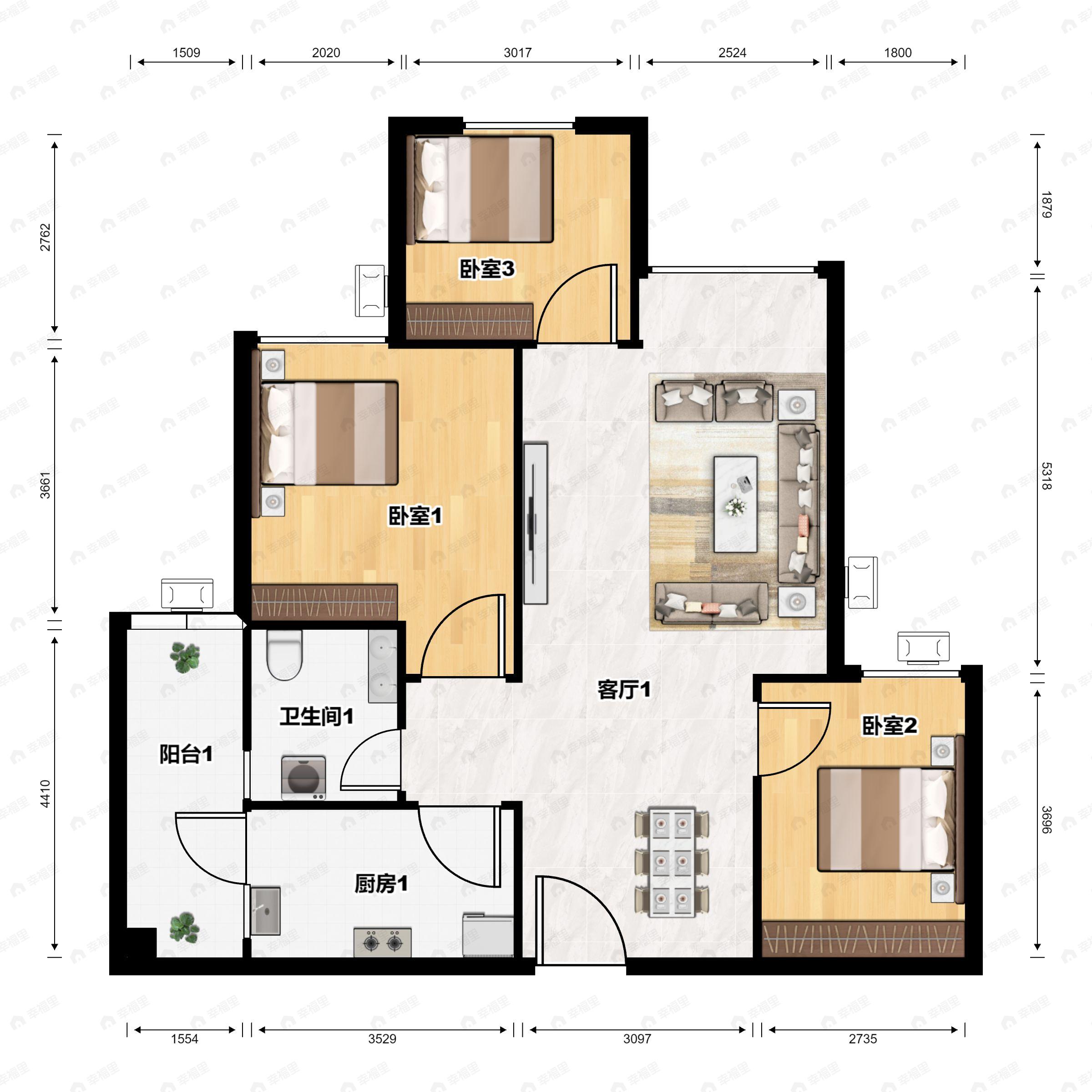 3室1厅1卫建面75m²北户型图