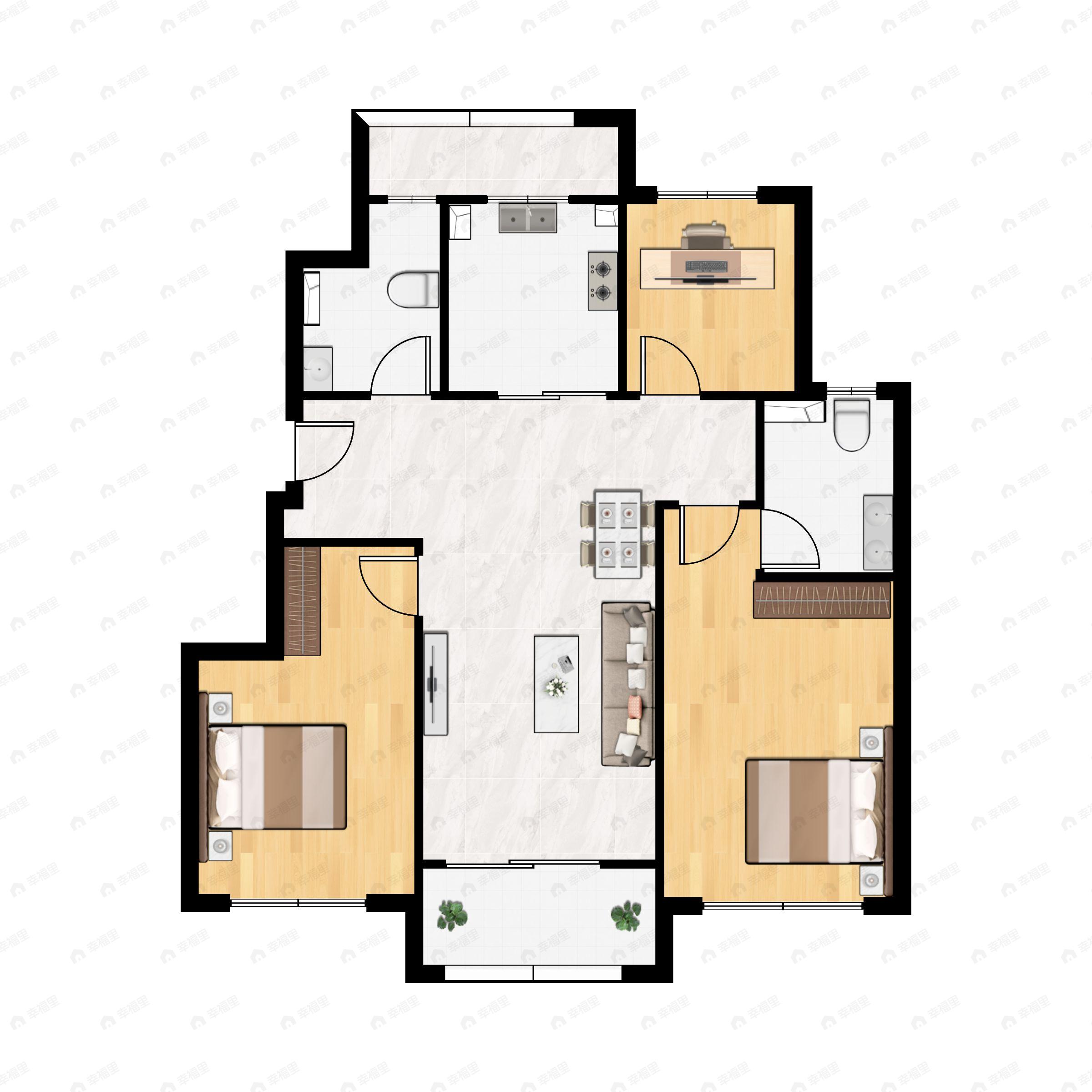 3室2厅2卫建面89m²南户型图