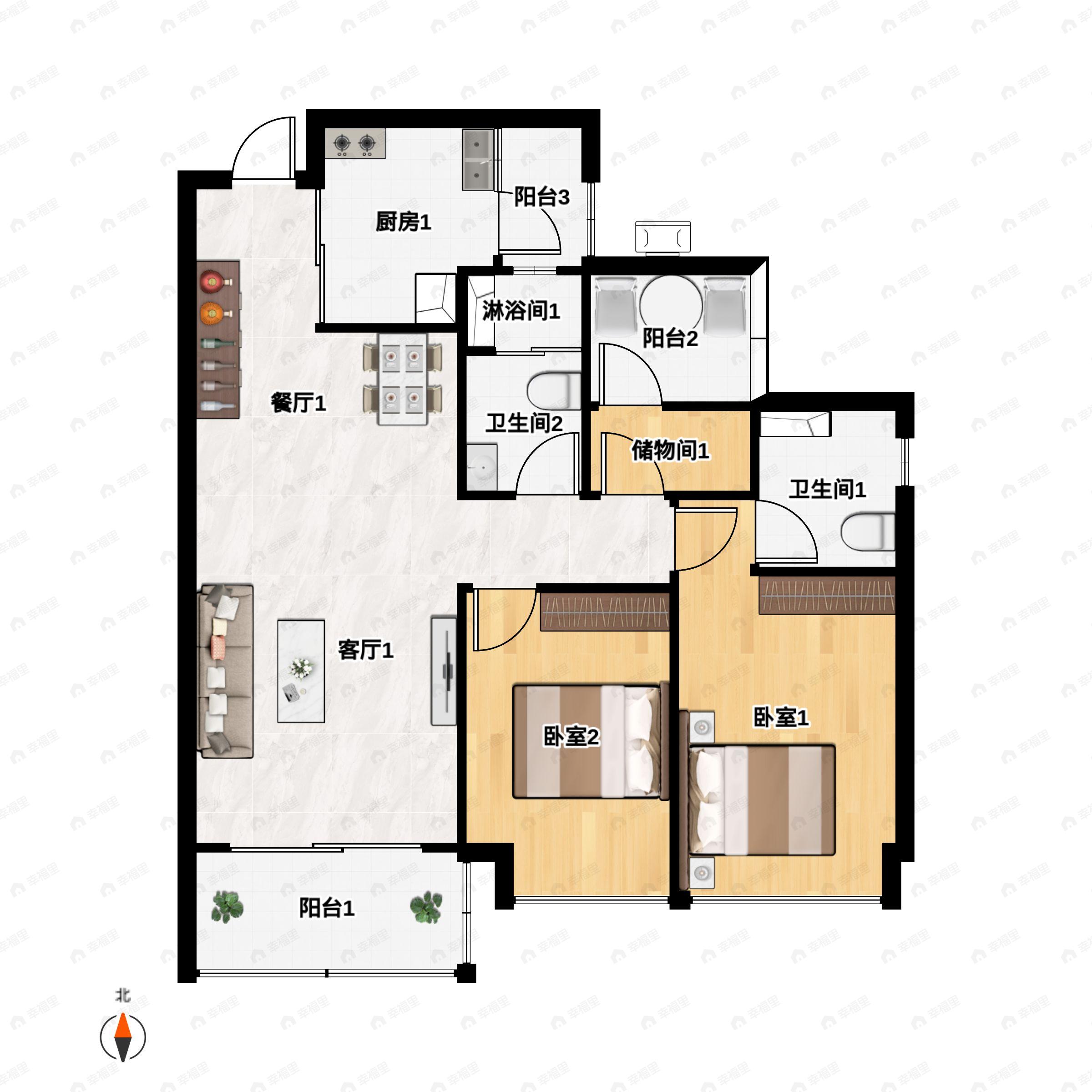 2室2厅2卫建面92m²西南|东南户型图