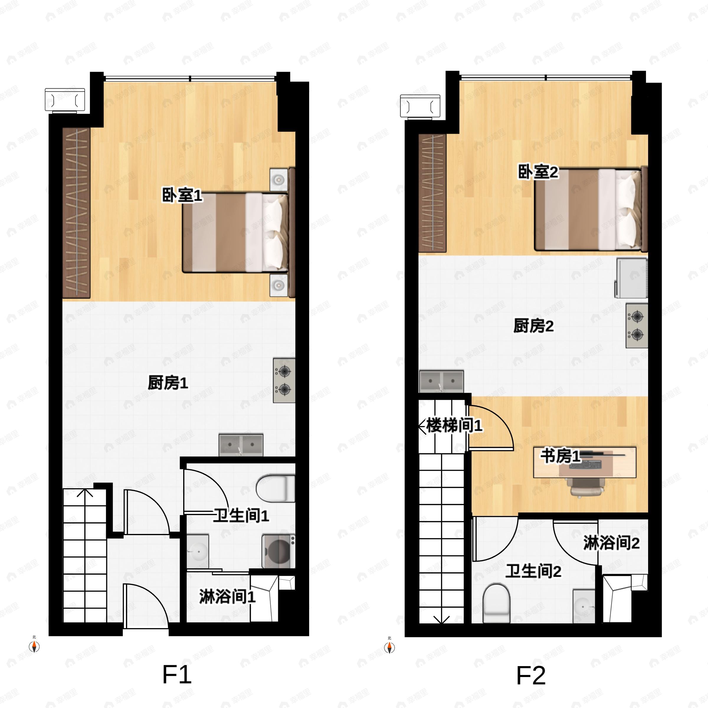 2室2厅2卫建面51平户型图