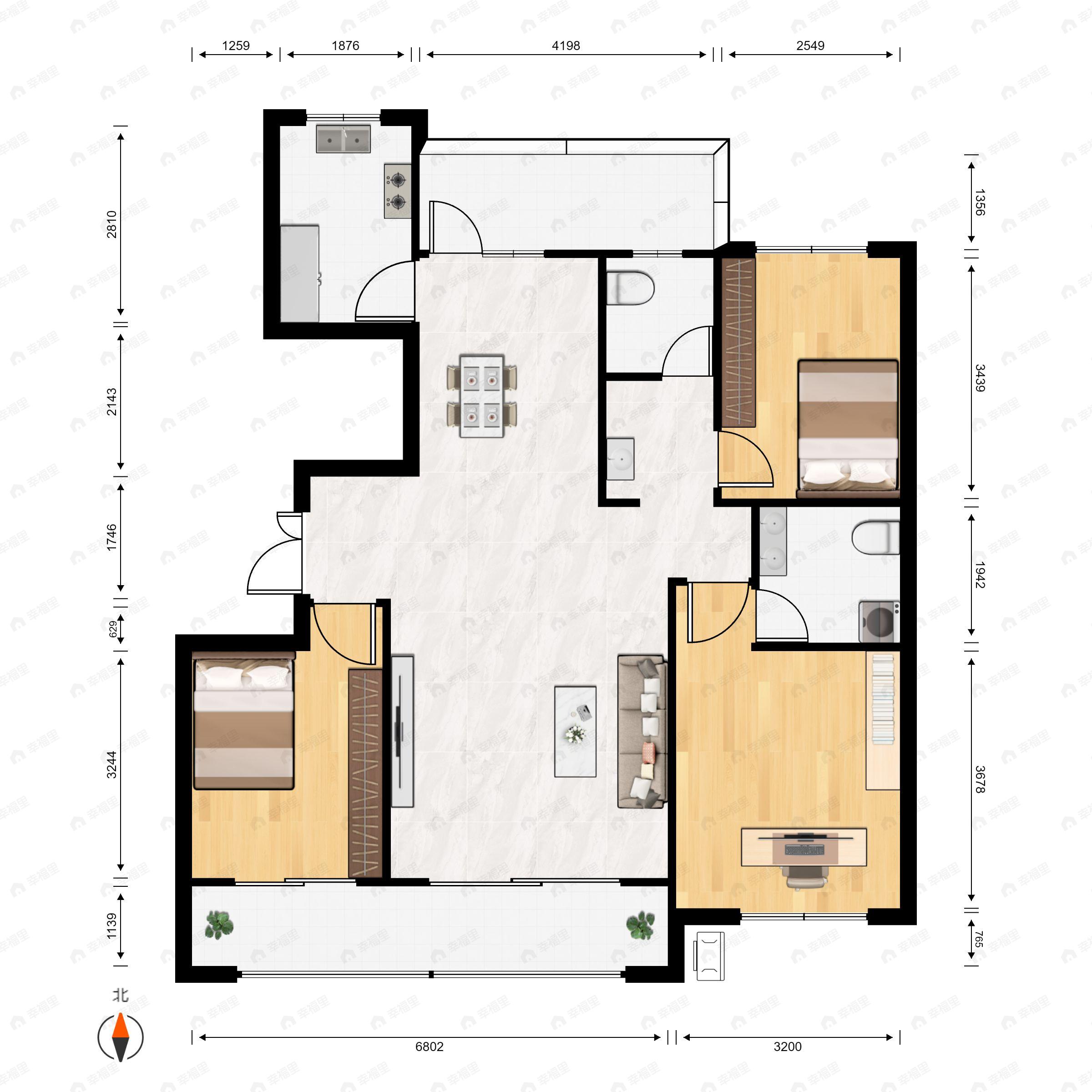 3室2厅2卫建面127m²南|北户型图
