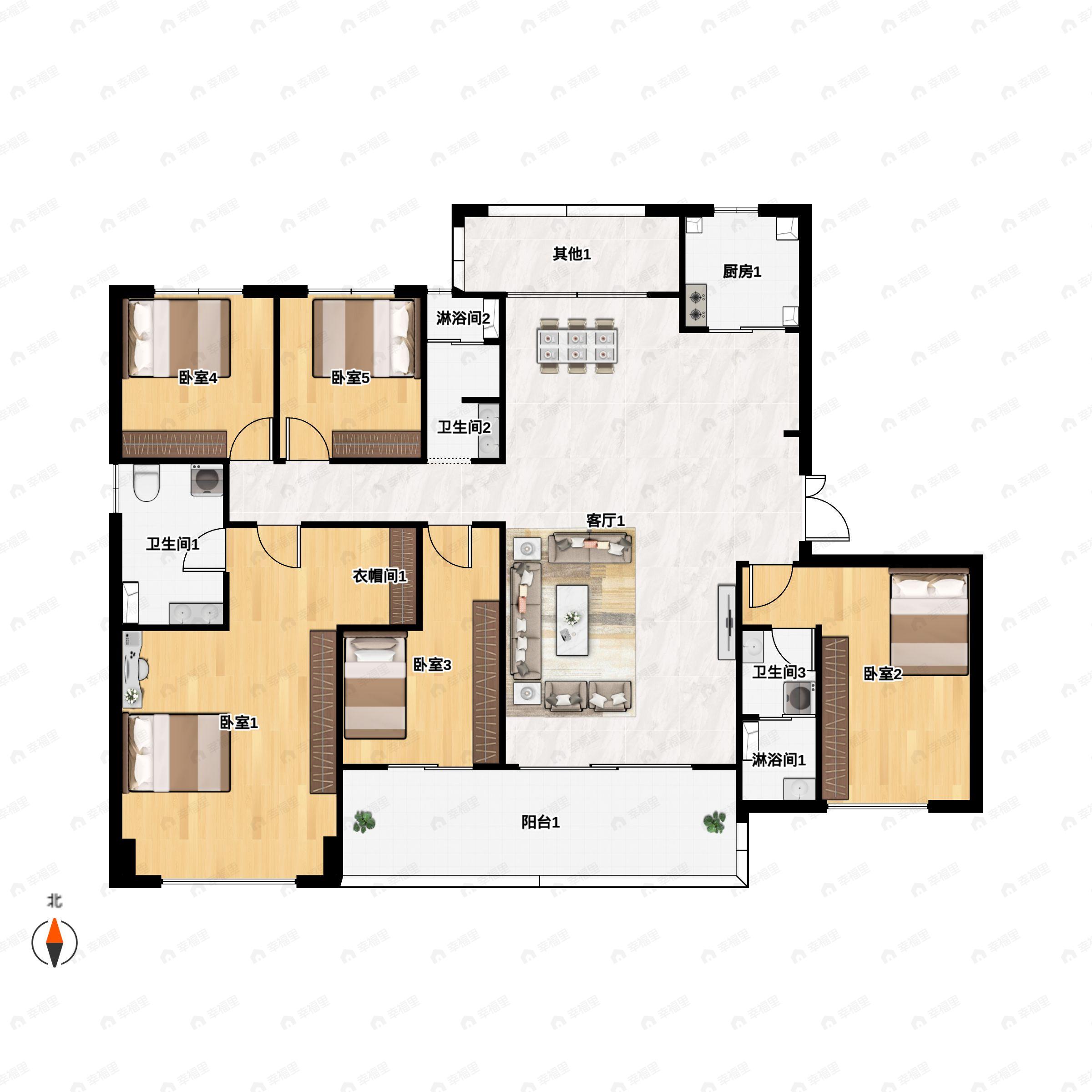 5室2厅3卫建面225平南户型图